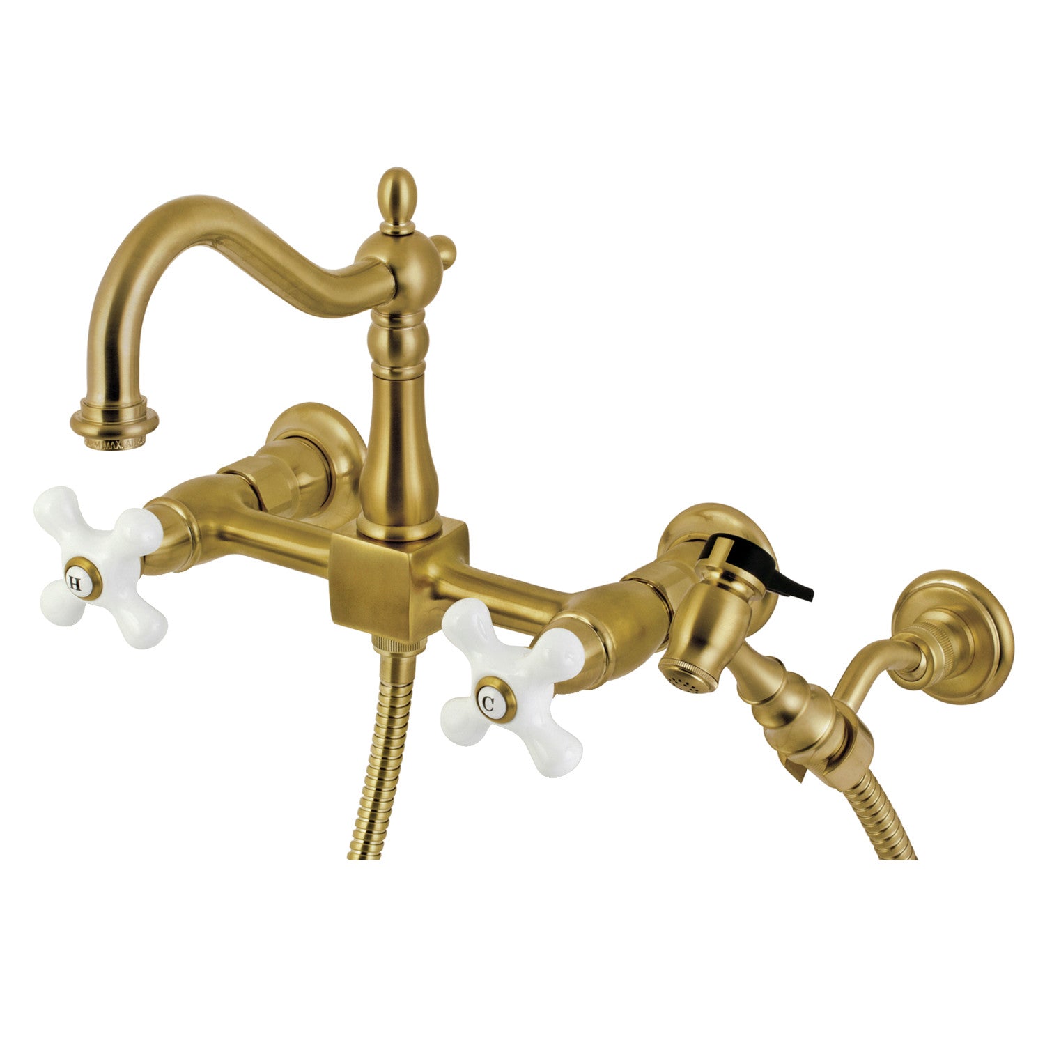 Kingston Heirloom KS1267PXBS - Robinet de cuisine à deux poignées Heritage 3 trous Wall Mount Bridge avec pulvérisateur en laiton, laiton brossé