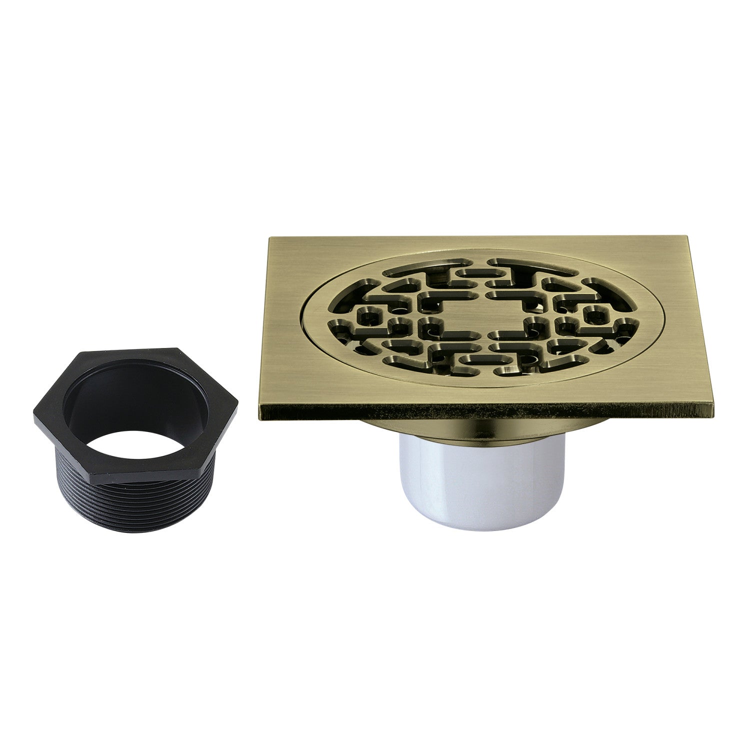 Kingston Watercourse BSF4272AB 4-Inch Brass Square Grid Shower Drain with Flange, Antique Brass