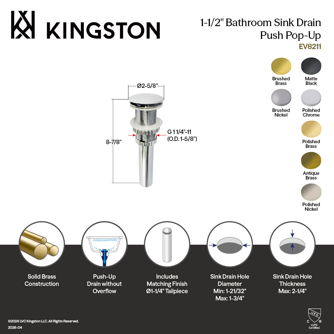 Kingston Sona EV8213 - Coronel Brass Push Pop-Up Bathroom Sink Drain, Antique Brass