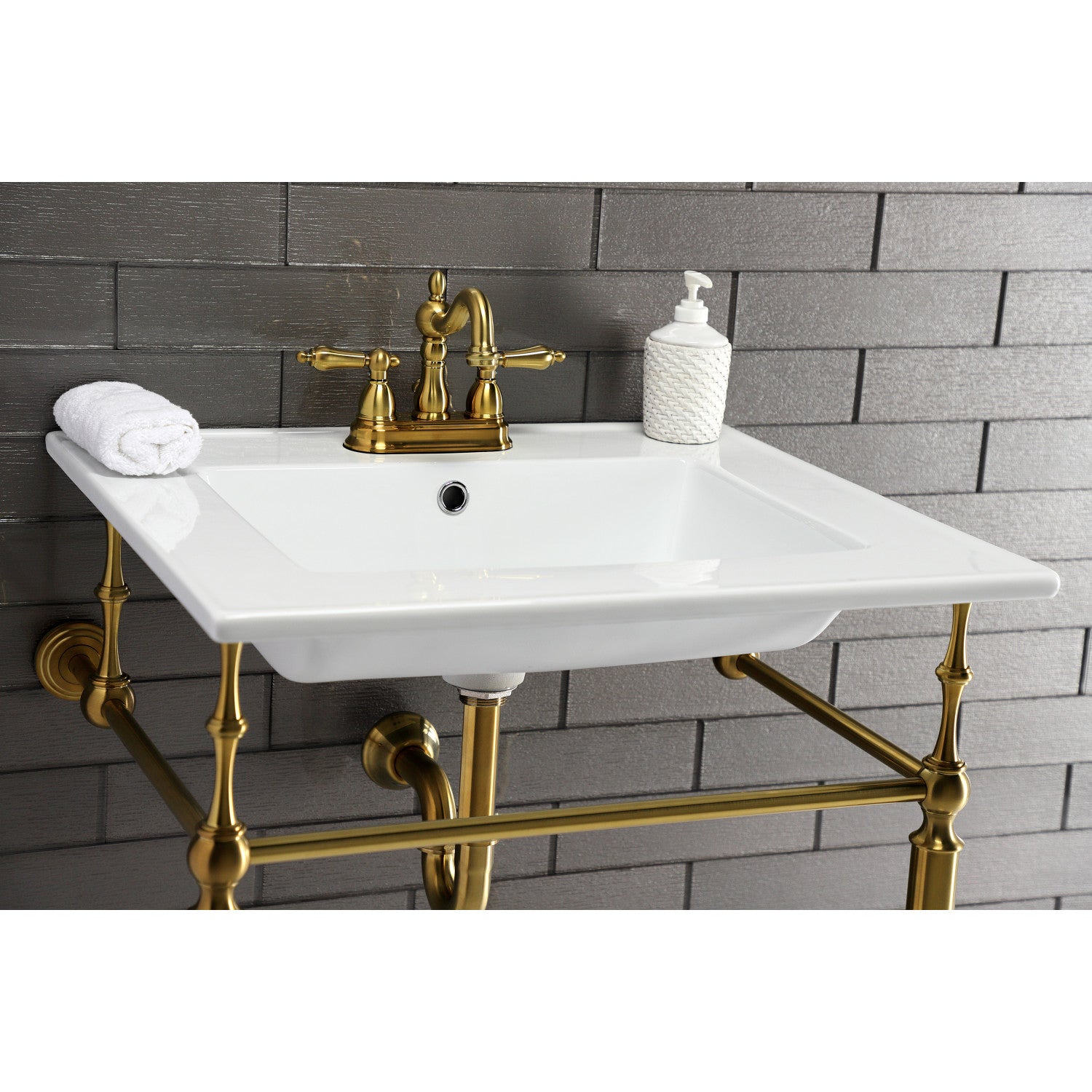 Kingston Heirloom KVPB25227W4BB - Edwardian 25-Inch Ceramic Console Sink with Brass Legs (4-Inch, 3-Hole), White/Brushed Brass