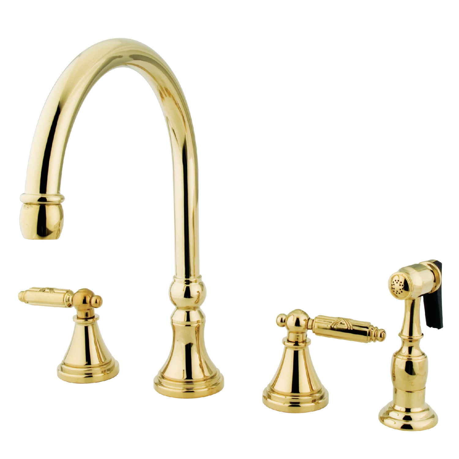 Kingston Tulare GS2792GLBS - Robinet de cuisine à double poignée géorgienne 4 trous avec pulvérisateur en laiton, laiton poli