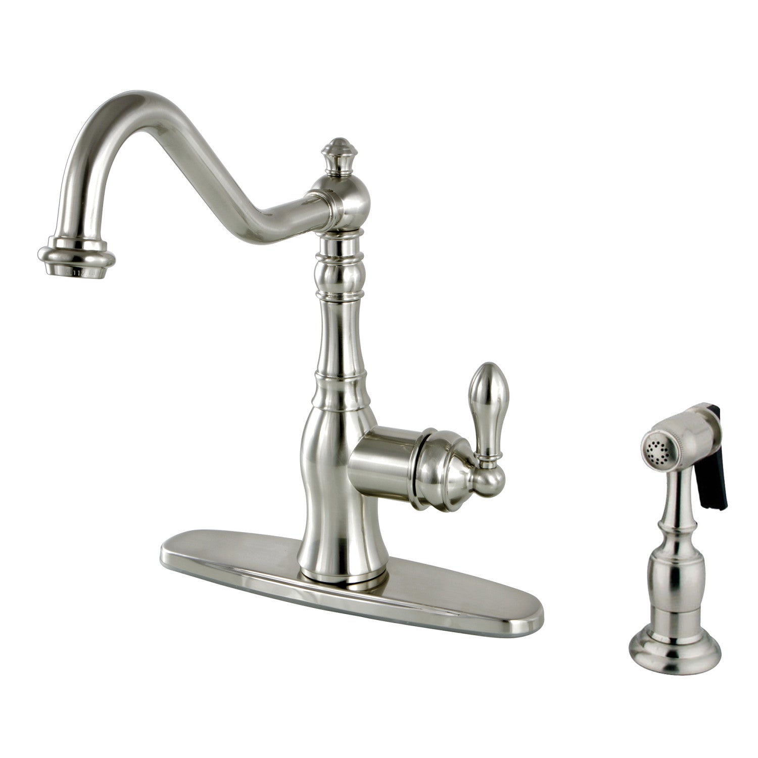 Kingston Heirloom GSY7708ACLBS - American Classic Single-Handle 2-or-4 Hole Deck Mount Kitchen Faucet with Brass Side Sprayer, Brushed Nickel