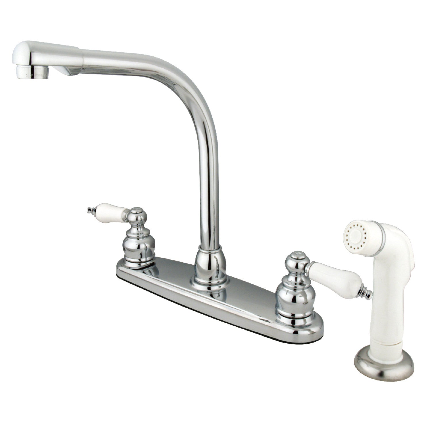 Kingston Tulare KB711 - Robinet de cuisine central à deux poignées victorienne 4 trous 8" avec pulvérisateur latéral, chrome poli