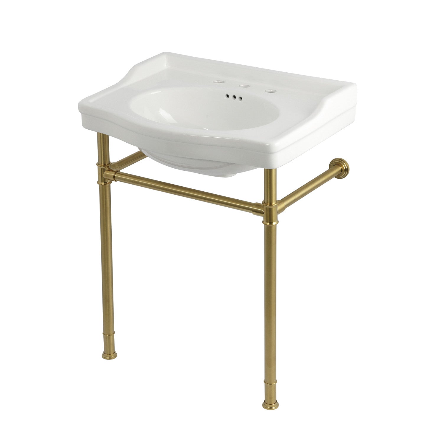 Kingston Heirloom KVPB30229W387 - Victorian 30-Inch Ceramic Console Sink with Stainless Steel Legs (8-Inch, 3-Hole), White/Brushed Brass
