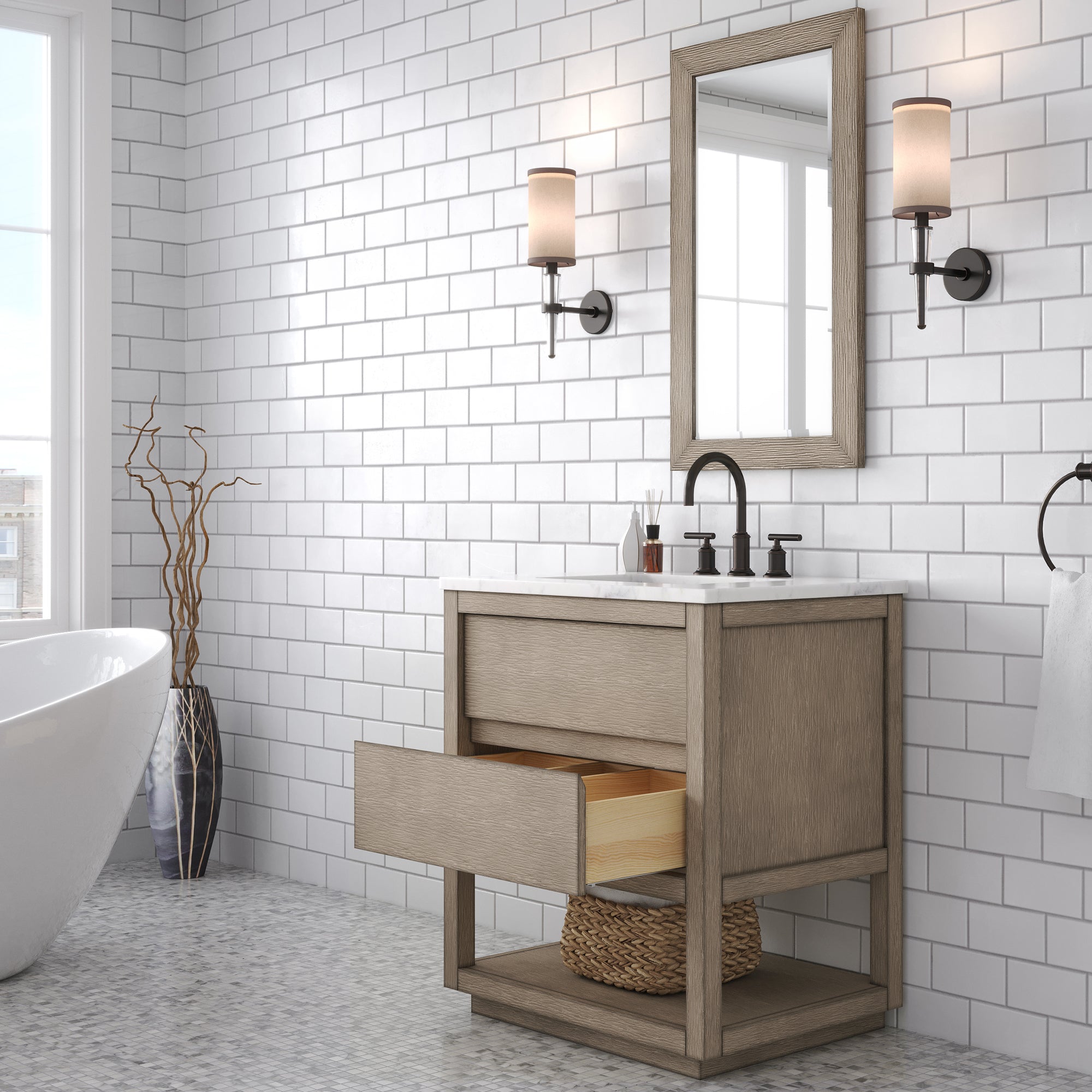 Kingston Luxe OA30CW00GK - 30 in. x 22 in. Bathroom Vanity Marble Top and White Basin, Grey Oak