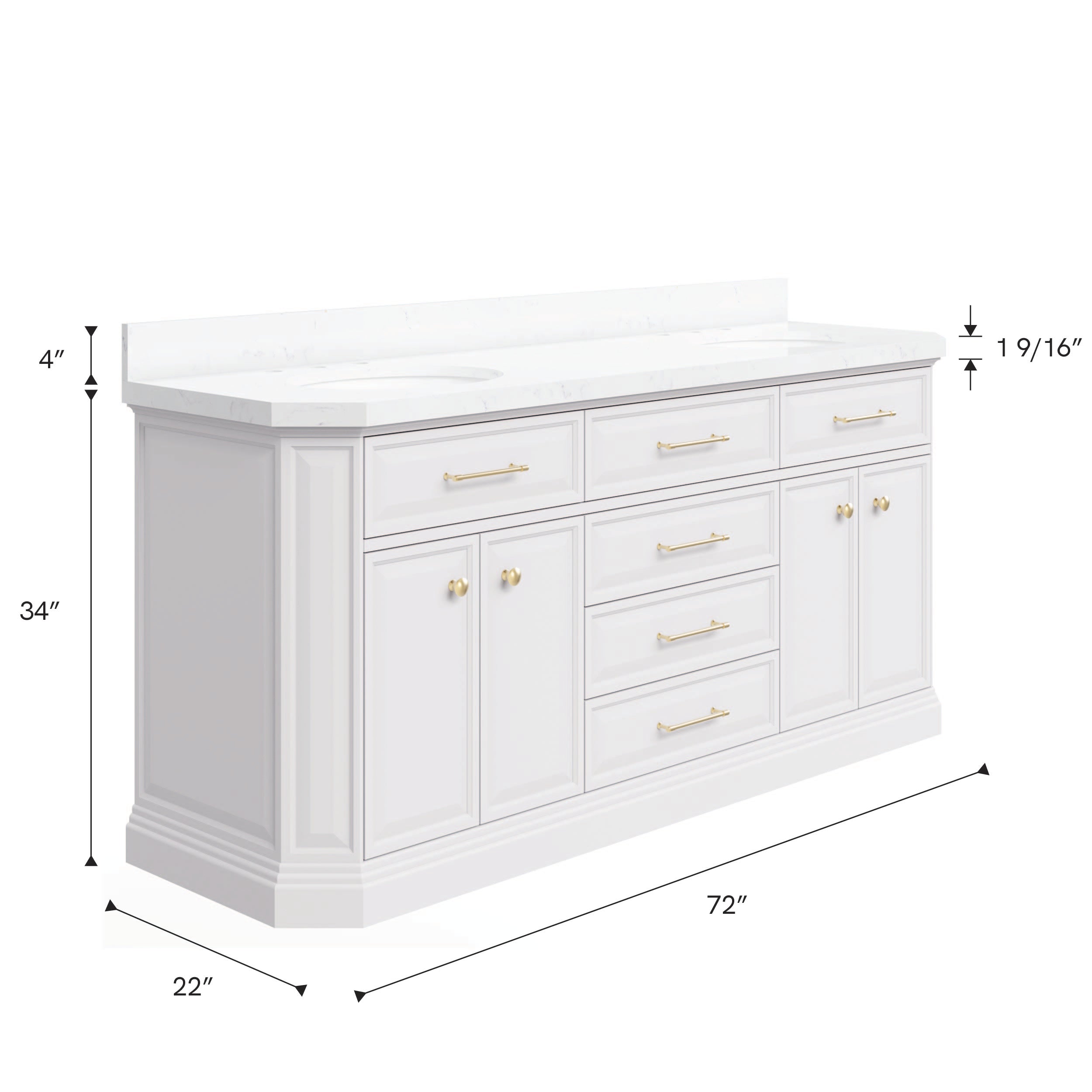 Kingston Luxe PA72QZ06PW - 72 in. x 22 in. Bathroom Vanity Quartz Top and White Basin, Pure White