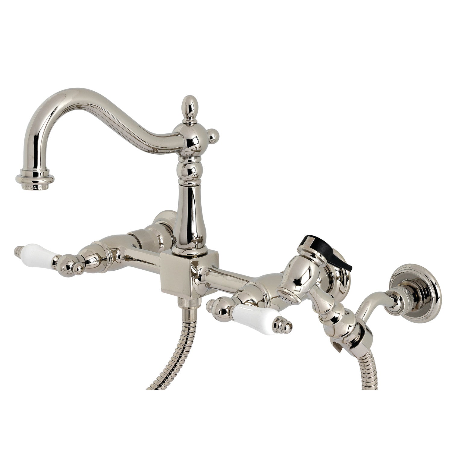 Kingston Heirloom KS1266PLBS - Robinet de cuisine à deux poignées Heritage 3 trous avec pulvérisateur en laiton, nickel poli