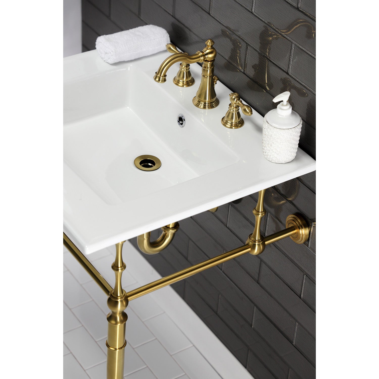 Kingston Heirloom KVPB25227W8BB - Edwardian 25-Inch Ceramic Console Sink with Brass Legs (8-Inch, 3-Hole), White/Brushed Brass