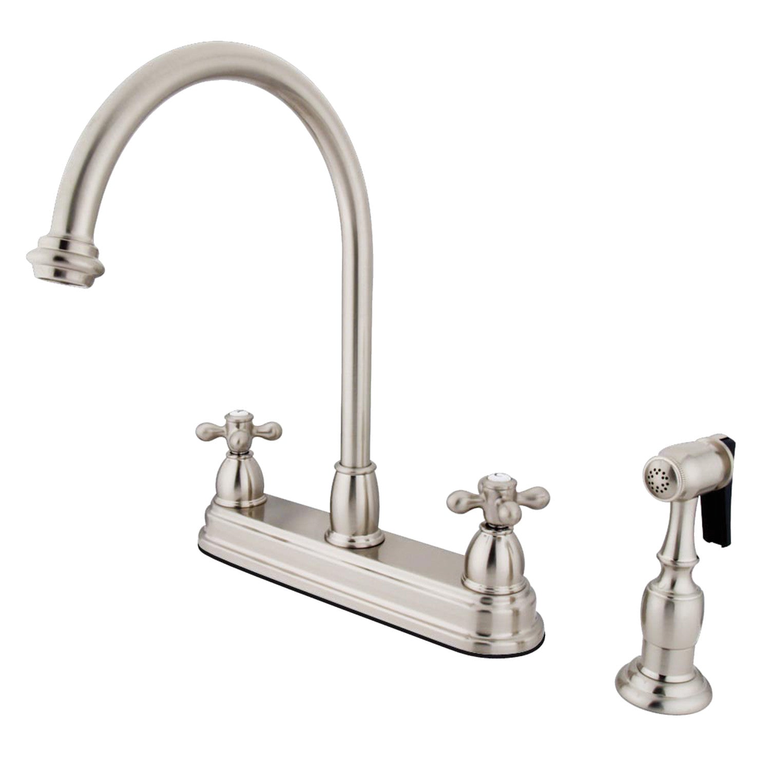 Kingston Heirloom KB3758AXBS - Robinet de cuisine central à deux poignées 4 trous 8" avec pulvérisateur en laiton, nickel brossé