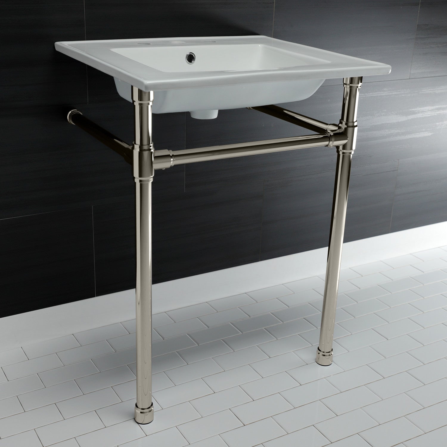 Kingston Tulare KVPB25227W86 - Dreyfuss 25-Inch Ceramic Console Sink with Stainless Steel Legs (8-Inch, 3-Hole), White/Polished Nickel