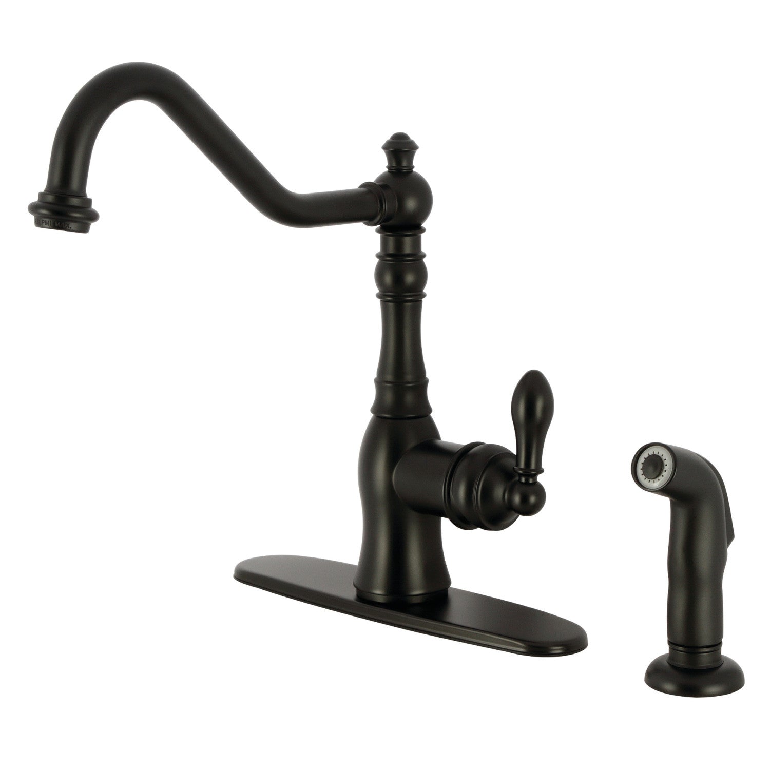 Kingston Heirloom GSY7700ACLSP - Robinet de cuisine américain classique à une poignée 2-or-4 trou de pont avec pulvérisateur latéral, noir mat