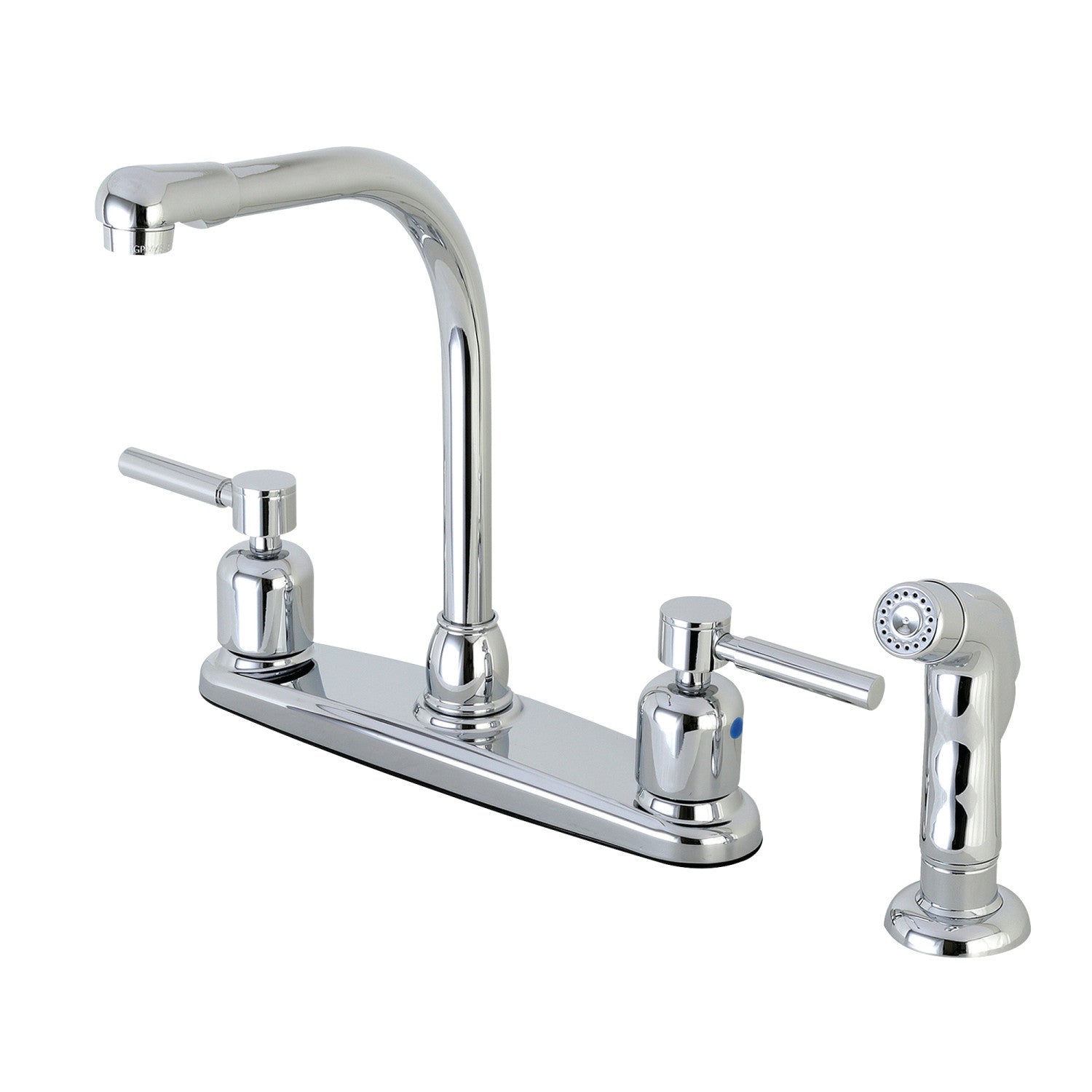 Kingston Tulare FB751DLSP - Robinet de cuisine central à deux poignées Concord 4 trous 8" avec pulvérisateur latéral, chrome poli