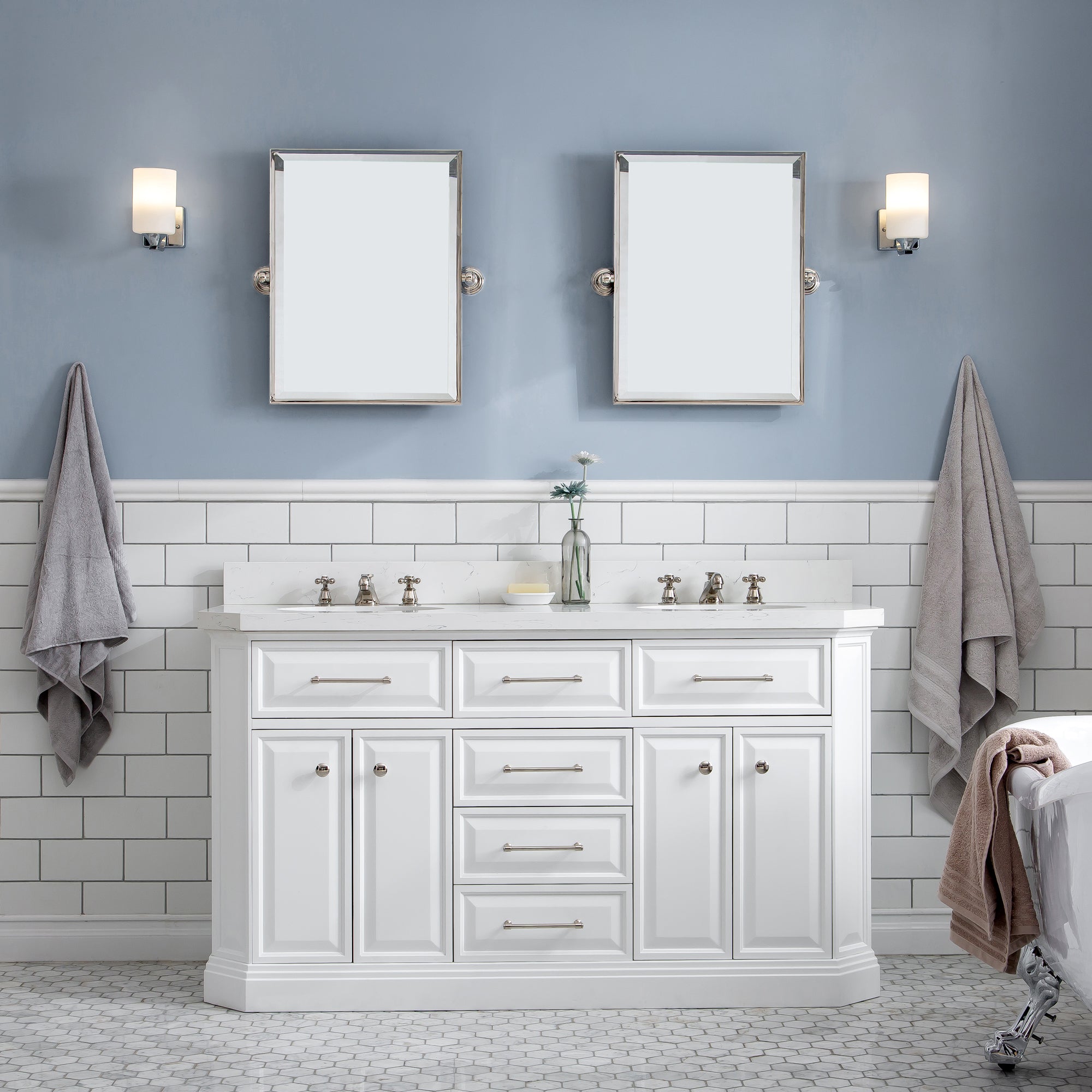 Kingston Luxe PA60QZ05PW - 60 in. x 22 in. Bathroom Vanity Quartz Top and White Basin, Pure White