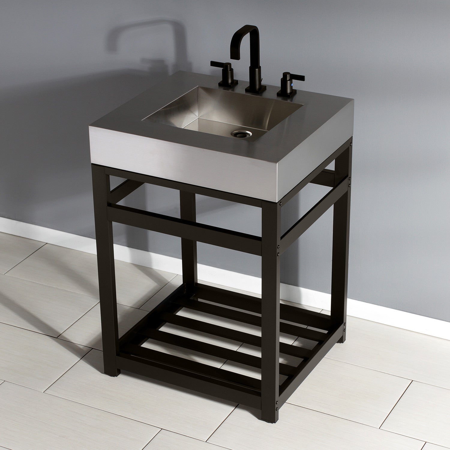 Kingston Sona KVSP2522A5 - Kingston Commercial 25-Inch Stainless Steel Console Sink with Steel Base (8-Inch, 3-Hole), Brushed Stainless Steel/Oil Rubbed Bronze