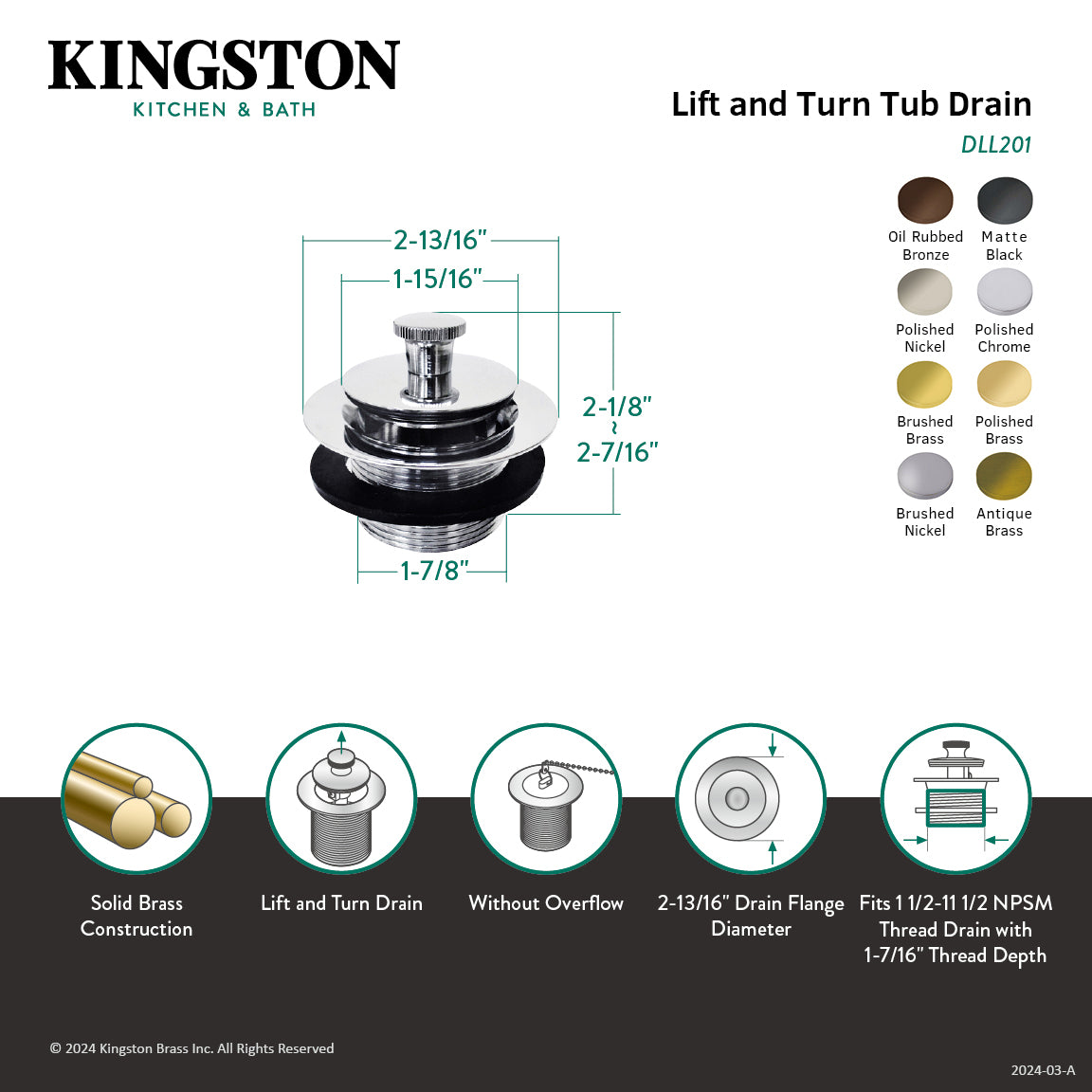 Kingston Heirloom DLL200MB - Made To Match Brass Lift and Turn Tub Drain, Matte Black