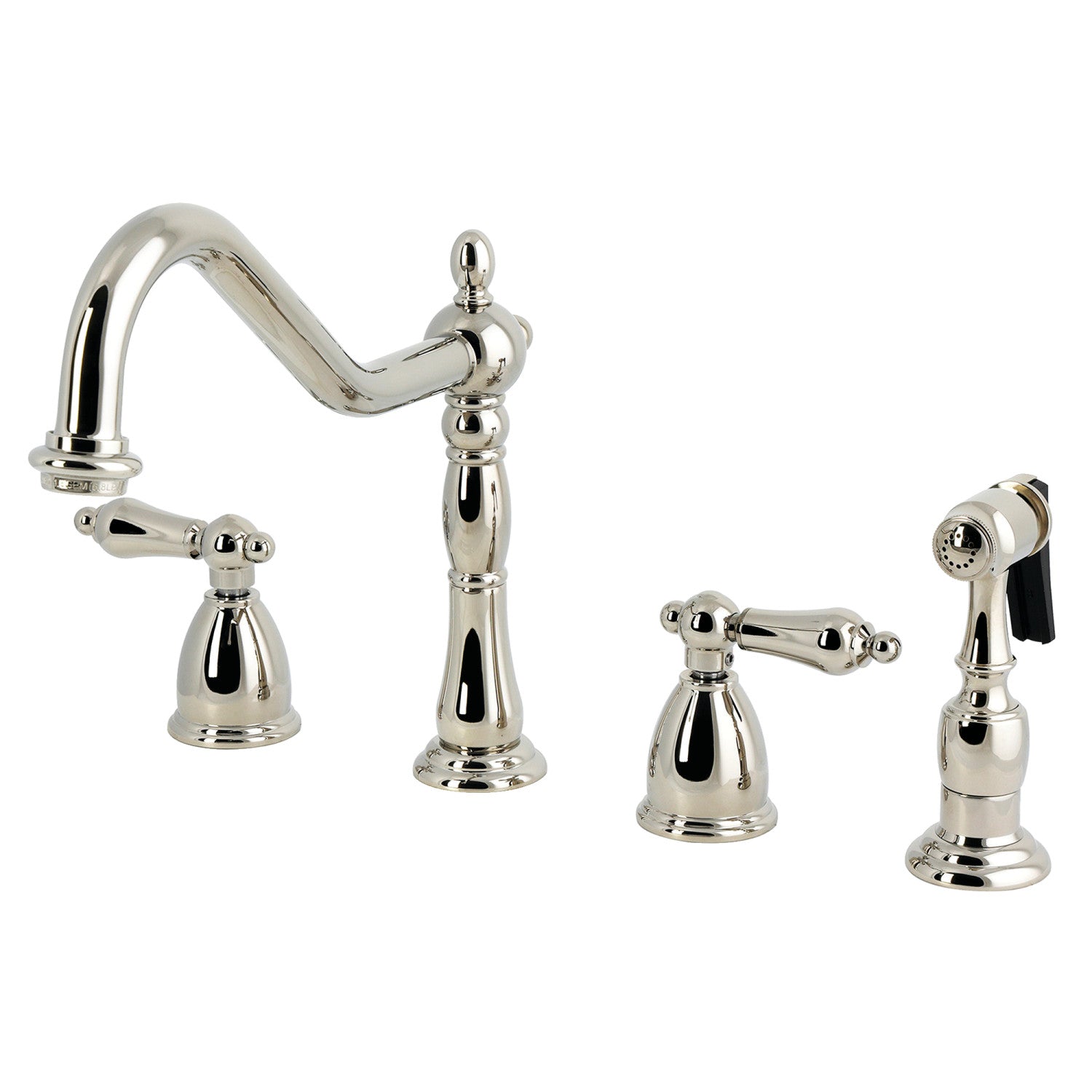 Kingston Heirloom KB1796ALBS - Robinet de cuisine à double poignée Heritage 4 trous avec pulvérisateur en laiton, nickel poli