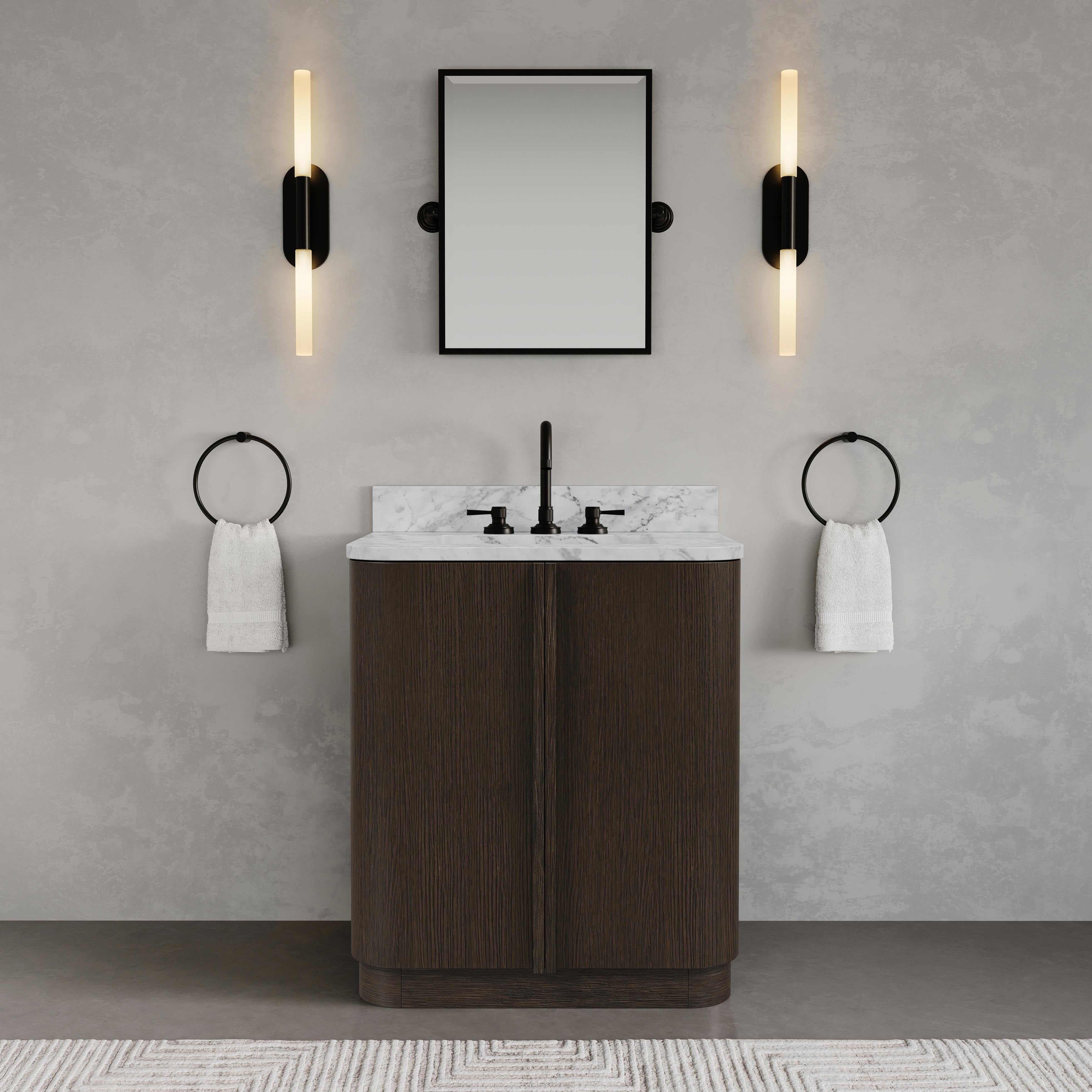 Kingston Luxe OX30CW00CO - 30 in. x 22 in. Bathroom Vanity Single Sink Freestanding with Carrara White Marble Top, Charcoal Oak
