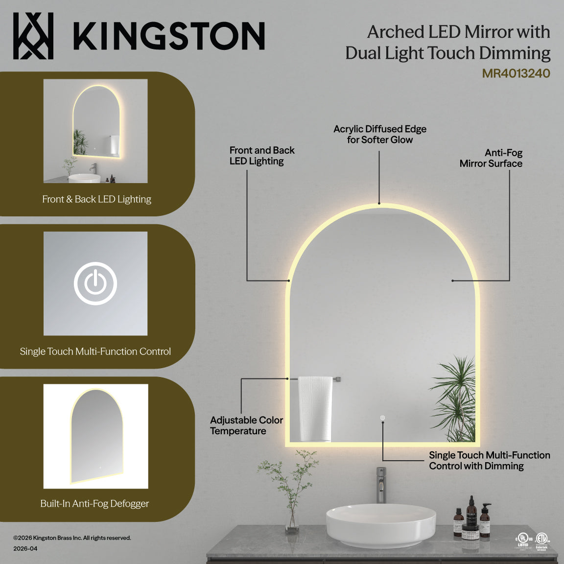 Kingston Sona MR4013240 - Aurora 30-Inch x 60-Inch Arched LED Bathroom Mirror, Front and Back Light, Anti-Fog, Dimmable Touch Sensor Lighted Mirror, Silver