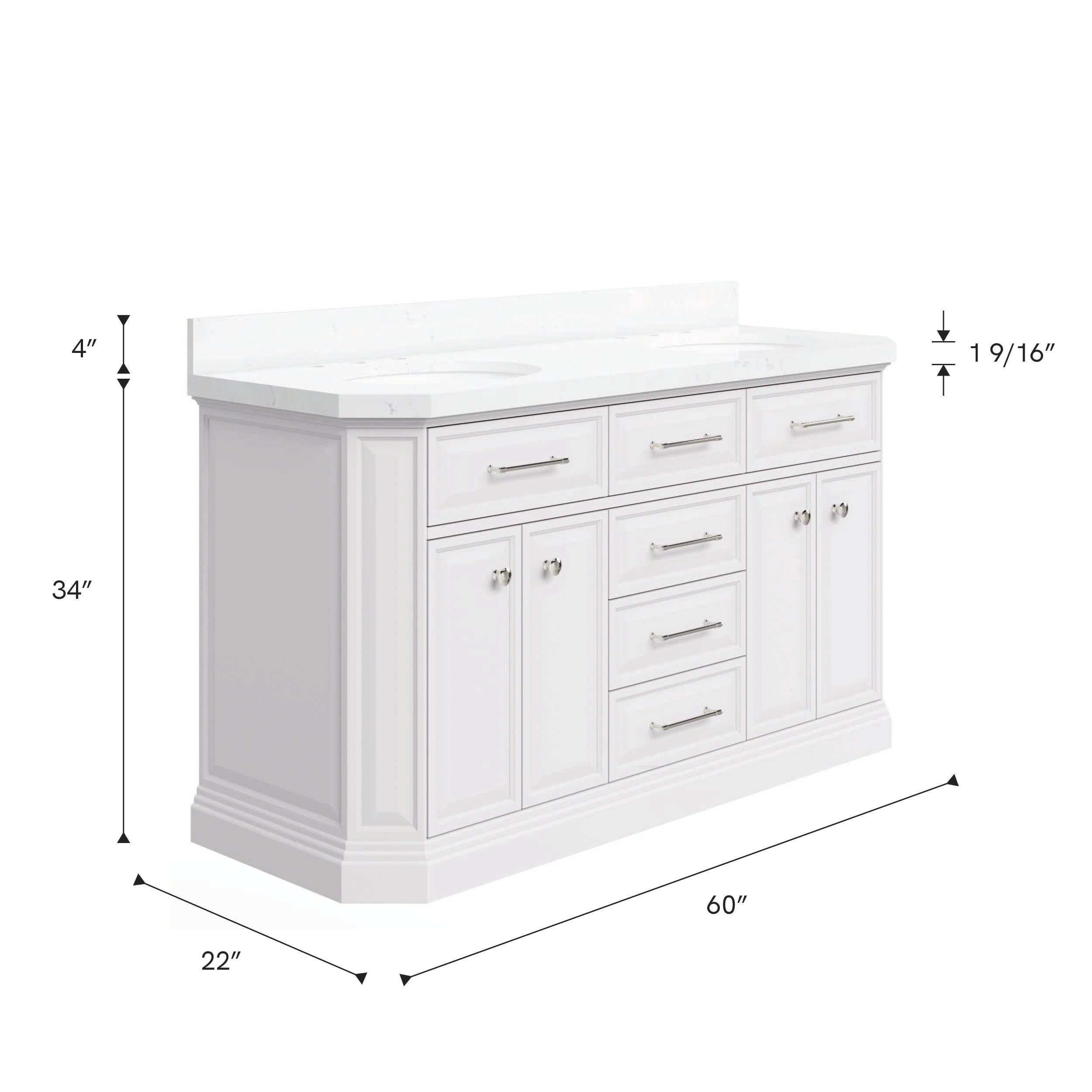 Kingston Luxe PA60QZ05PW - 60 in. x 22 in. Bathroom Vanity Quartz Top and White Basin, Pure White