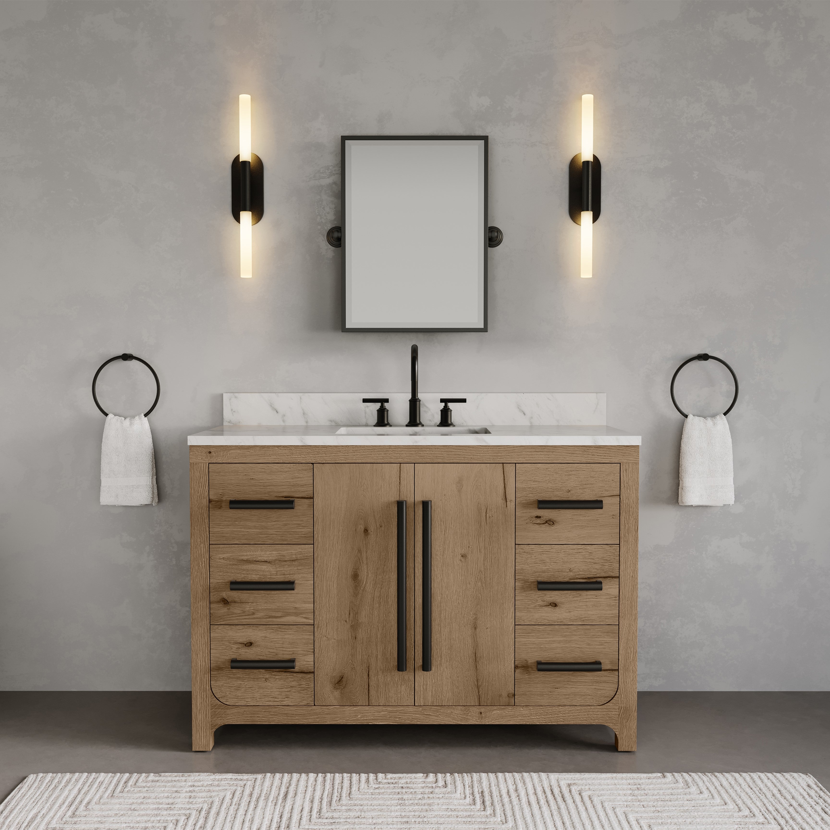 Kingston Luxe PE48EM07WO - 48 in. x 22 in. Bathroom Vanity Single Sink with Carrara White Engineered Stone Top, Weathered Oak