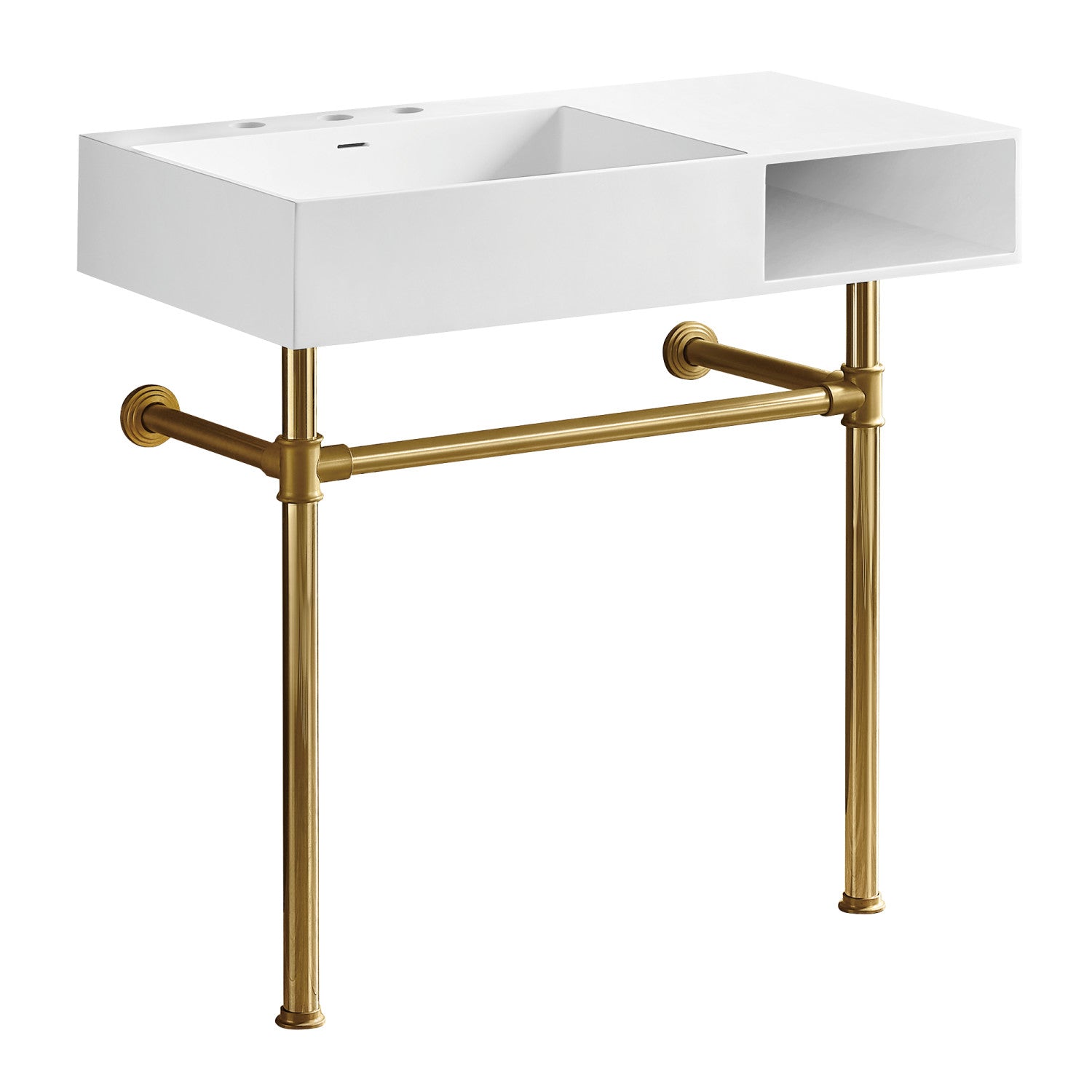 Kingston Sona KVPB3368SQA7 - Aurelius 36-Inch solide évier de console de surface avec des jambes en acier inoxydable (8-Inch, 3 trous), blanc mat / laiton brossé
