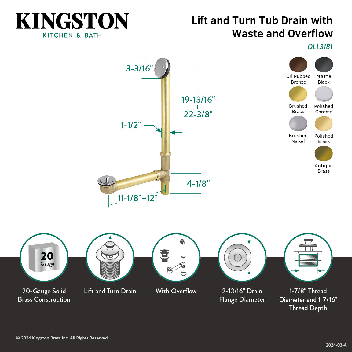 Kingston Heirloom DLL3187 - Made To Match 23-Inch Brass Lift and Turn Tub Waste and Overflow, Brushed Brass