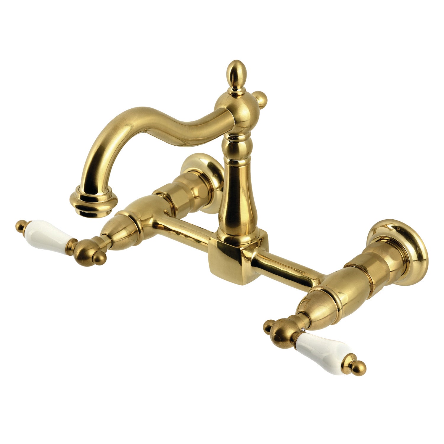 Kingston Heirloom KS1267PL - Robinet de cuisine à deux poignées Heritage 2 trous Wall Mount Bridge, laiton brossé