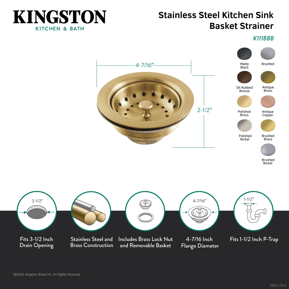 Kingston Tacoma K111BBN 3-1/2 Inch Kitchen Sink Basket Strainer Only, Brushed Nickel