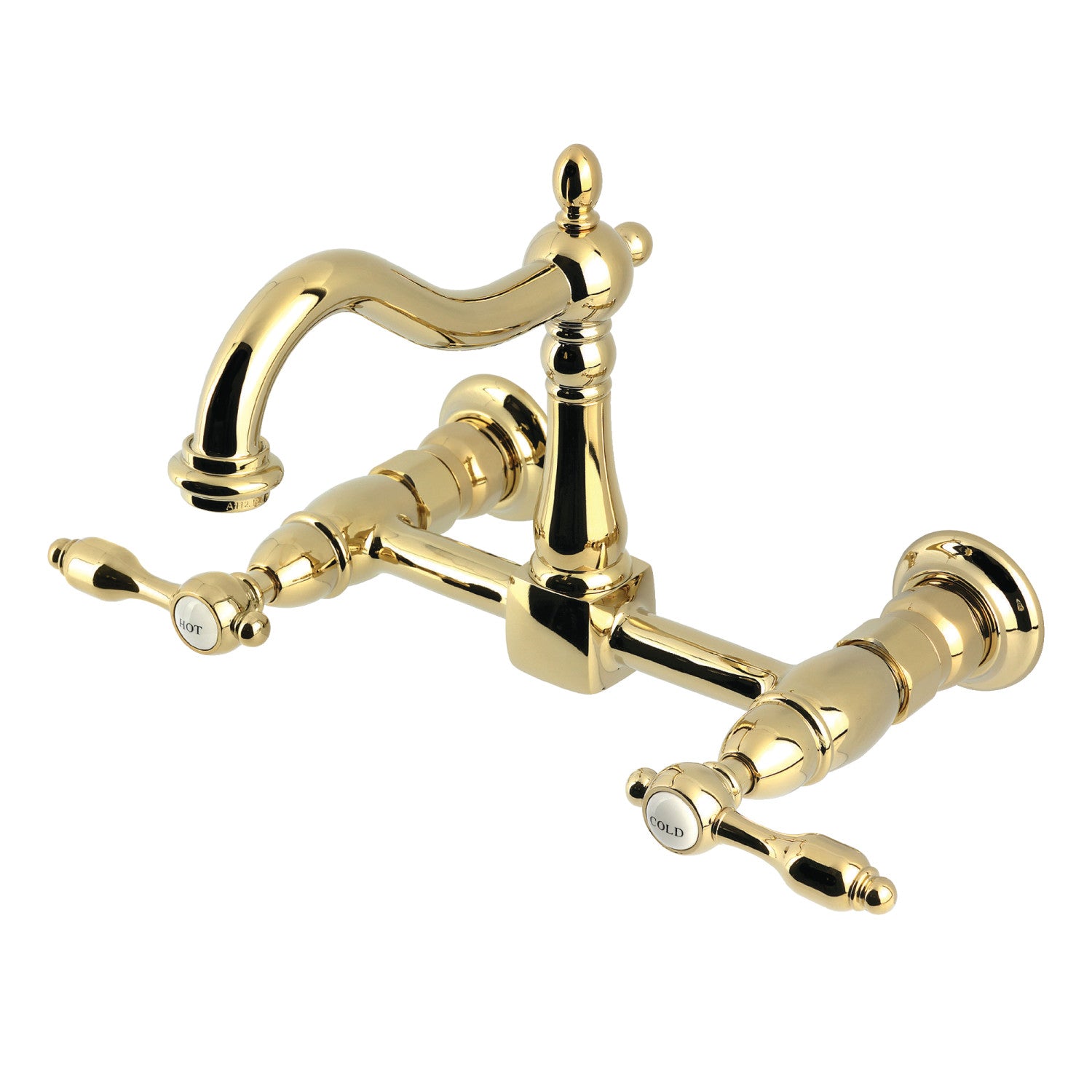 Kingston Heirloom KS1262TAL - Robinet de cuisine à deux poignées Tudor 2 trous Wall Mount Bridge, laiton poli