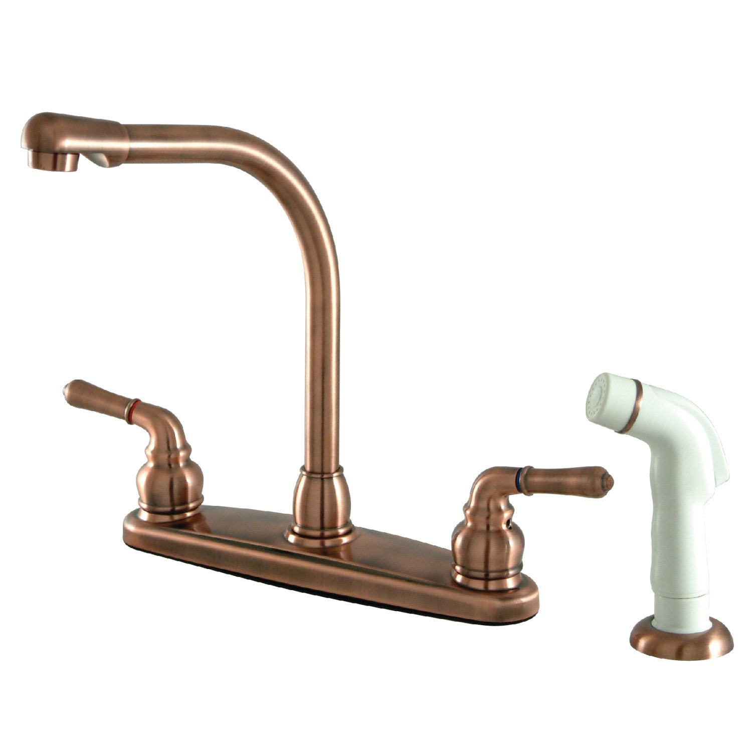 Kingston Tulare KB756 - Robinet de cuisine à deux poignées Magellan 4 trous 8" avec pulvérisateur latéral, cuivre antique
