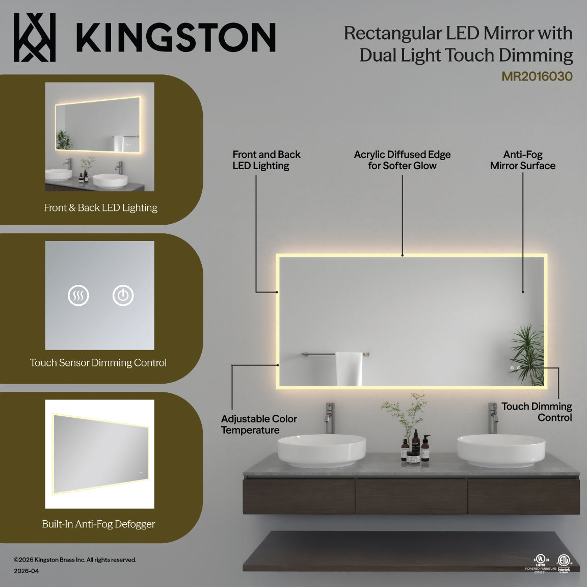 Kingston Aurora MR2016030 30-Inch x 60-Inch LED Bathroom Mirror, Front and Back Light, Anti-Fog, Dimmable Touch Sensor Lighted Mirror, Silver