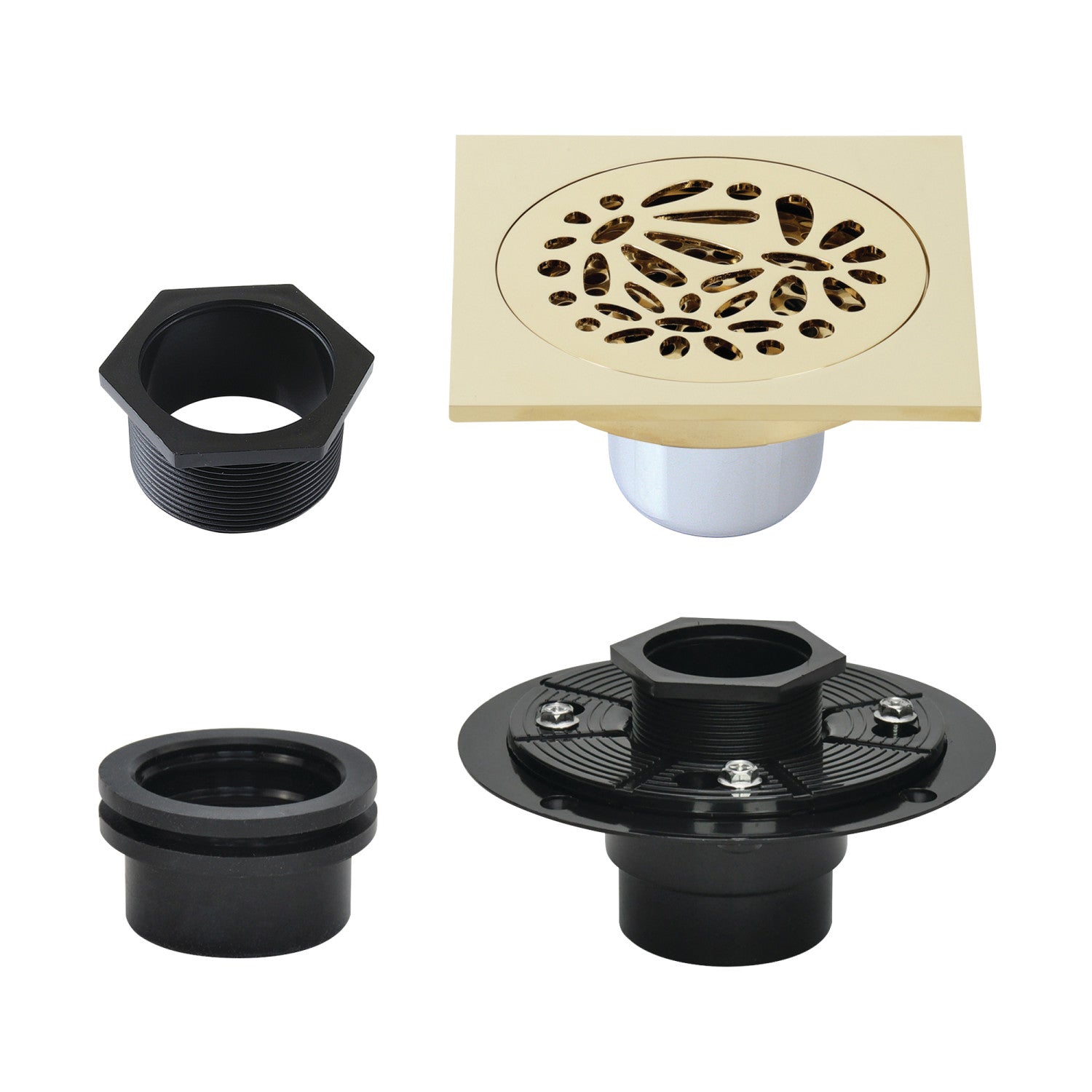 Kingston Watercourse BSFK6360PB 4-Inch Brass Square Grid Shower Drain with Hair Strainer and Base Flange, Polished Brass