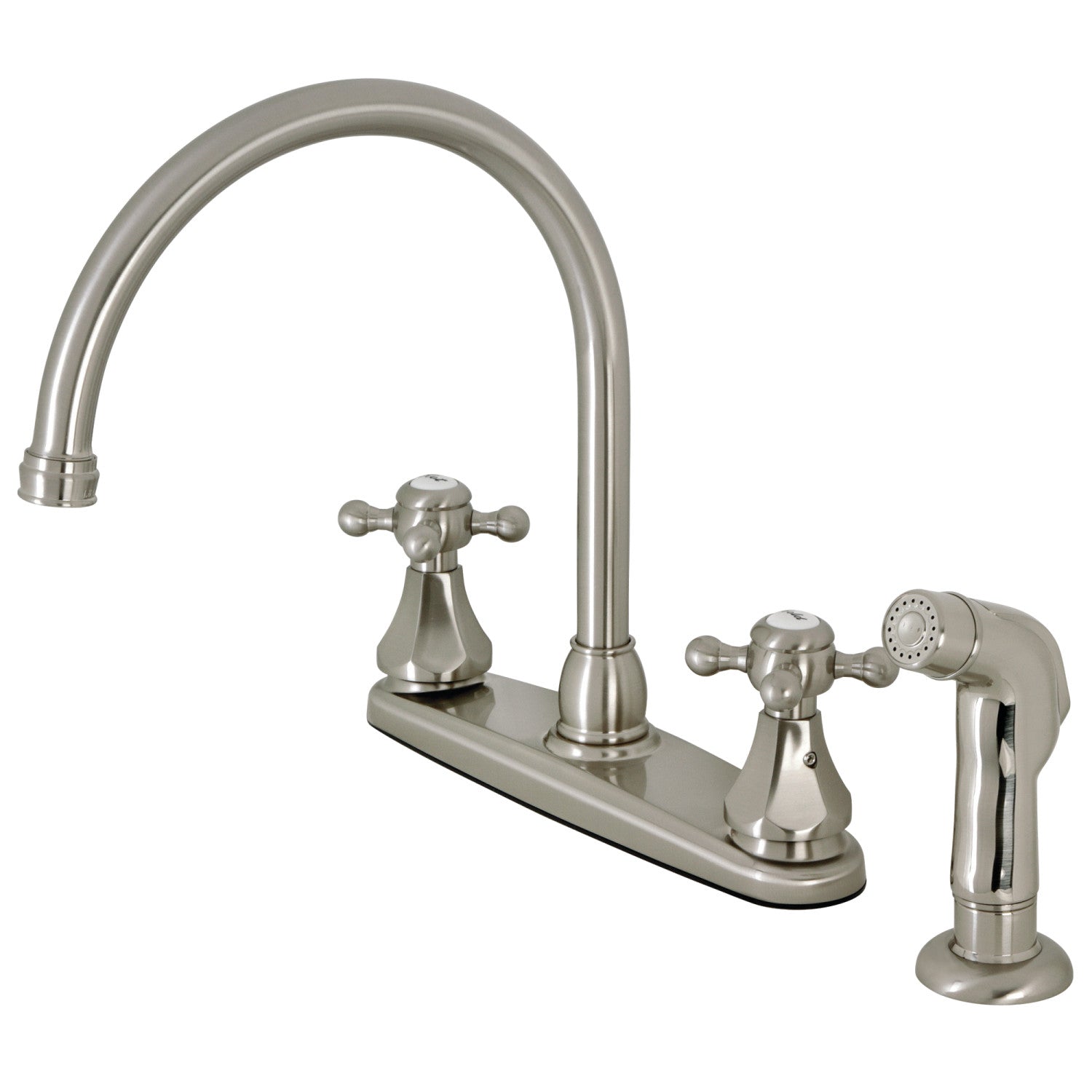 Kingston Heirloom KB4728BXSP - Robinet de cuisine métropolitain à deux poignées 4 trous 8" avec pulvérisateur latéral, nickel brossé