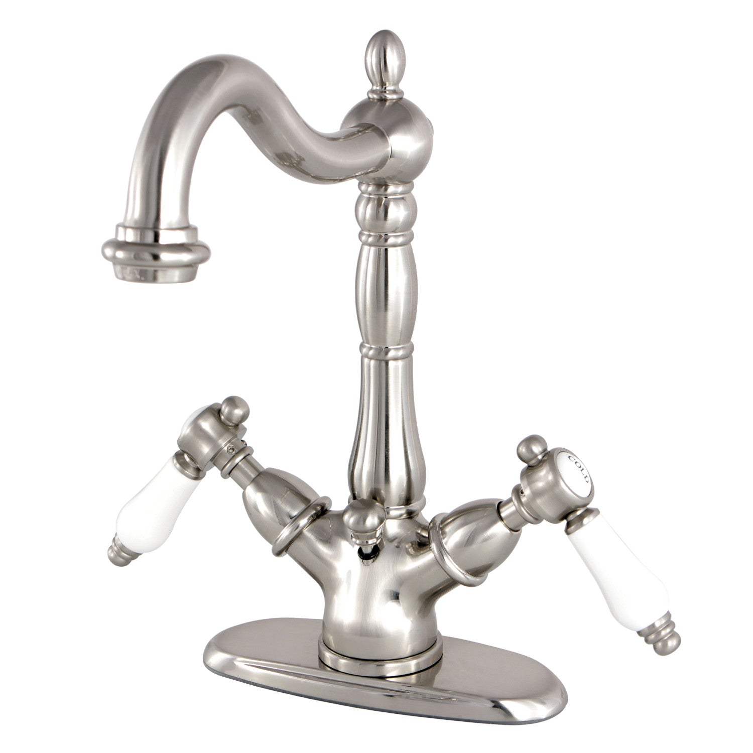 Kingston Heirloom KS1438BPL - Bel-Air Double-Handle 1-or-3 Trou montage sur plage 4-Inch Centerset Robinet de salle de bains avec laiton à tirette, Nickel brossé