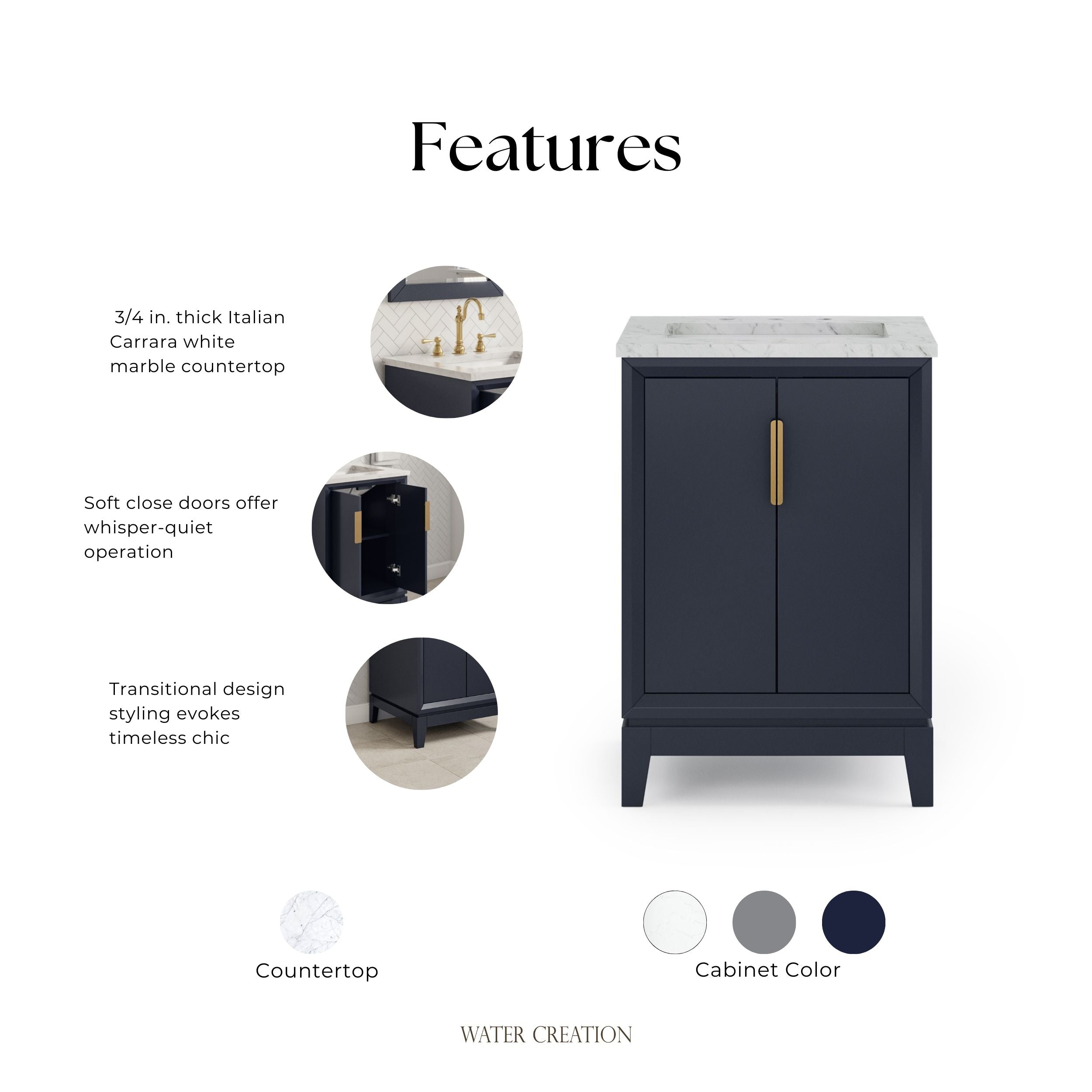 Kingston Luxe EL24CW06MB - 24 in. x 22 in. Bathroom Vanity Carrara White Marble Top, Monarch Blue