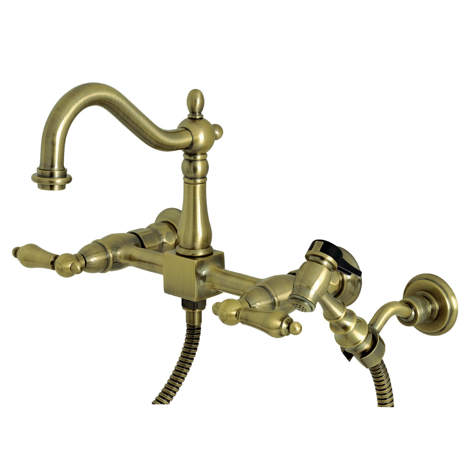 Kingston Heirloom KS1263ALBS - Robinet de cuisine à double poignée Heritage 3 trous Wall Mount Bridge avec pulvérisateur en laiton, laiton antique
