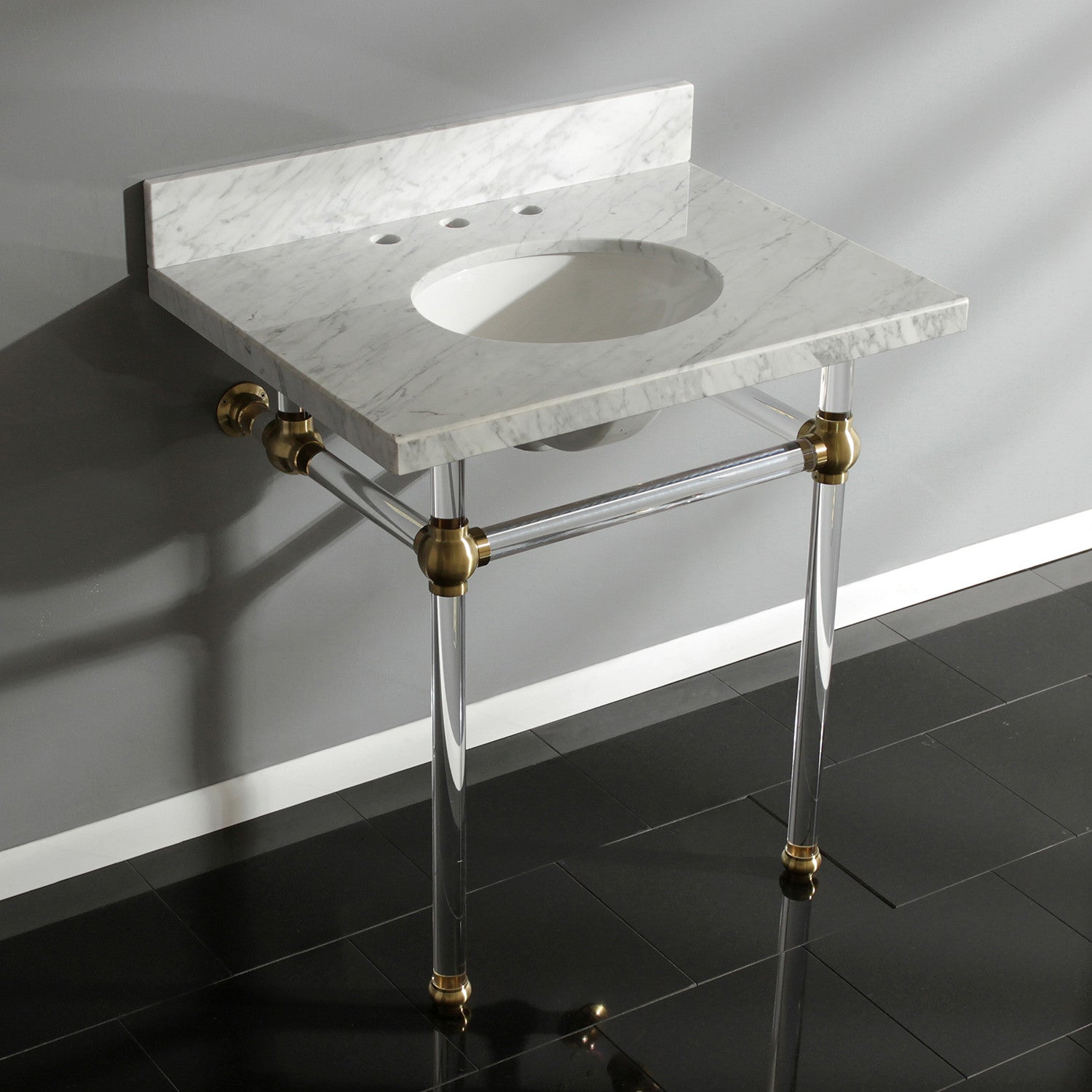 Kingston Tulare KVPB3030MA7 - Templeton 30-Inch Carrara Marble Vanity Top with Acrylic Legs (8-Inch, 3-Hole), Carrara Marble White/Brushed Brass