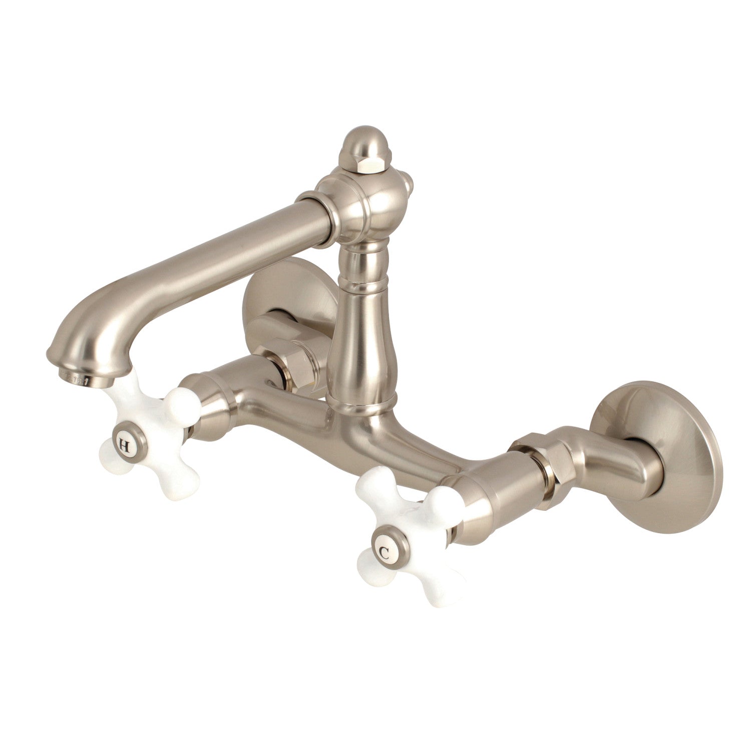 Kingston Tulare KS7228PX - Robinet de cuisine à deux poignées de pays anglais 2 trous Wall Mount Bridge, nickel brossé