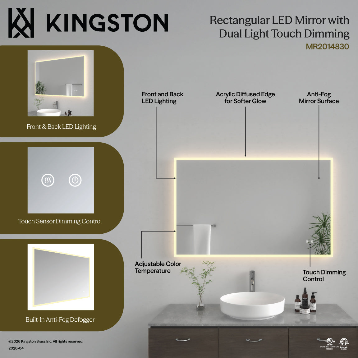 Kingston Aurora MR2014830 30-Inch x 48-Inch LED Bathroom Mirror, Front and Back Light, Anti-Fog, Dimmable Touch Sensor Lighted Mirror, Silver