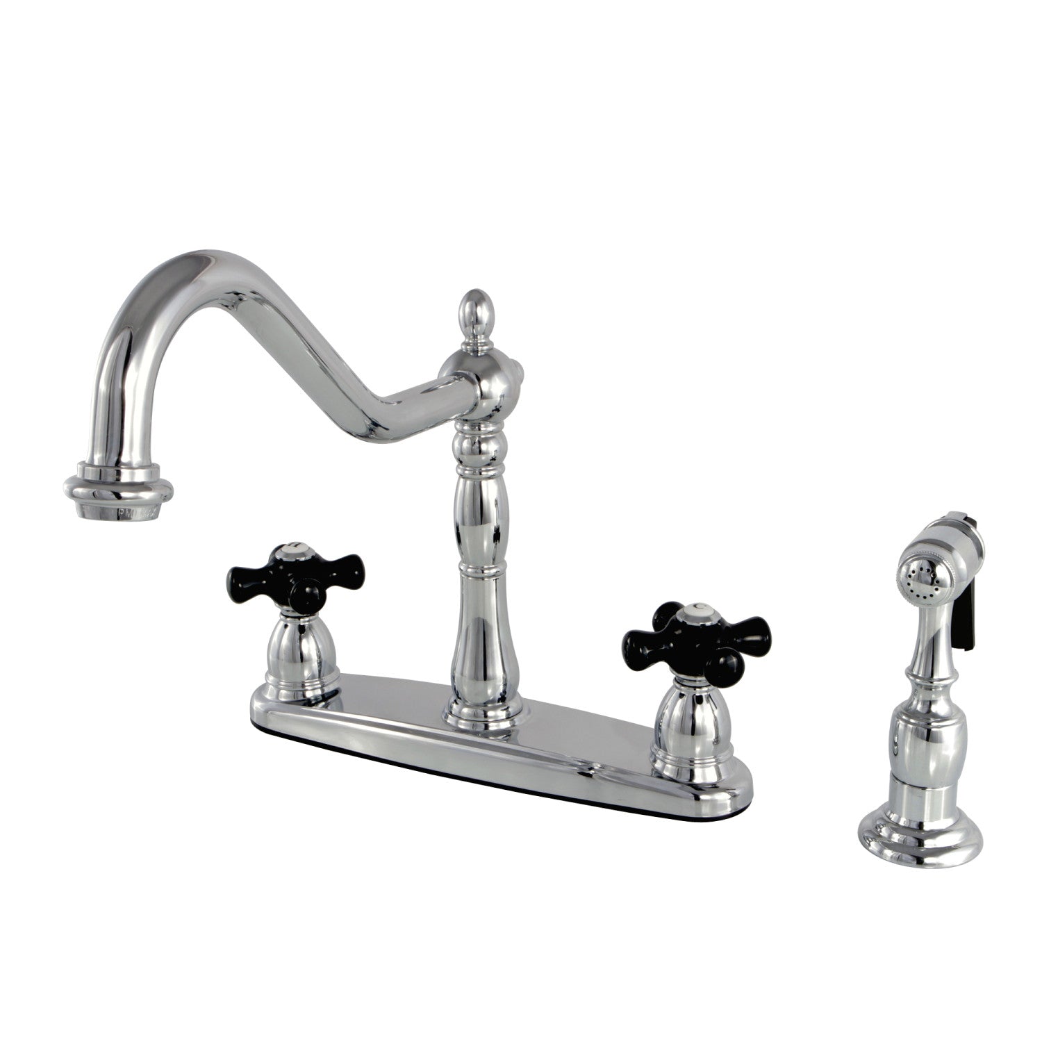 Kingston Heirloom KB1751PKXBS - Robinet de cuisine central à deux poignées 4 trous 8" avec pulvérisateur en laiton, chrome poli
