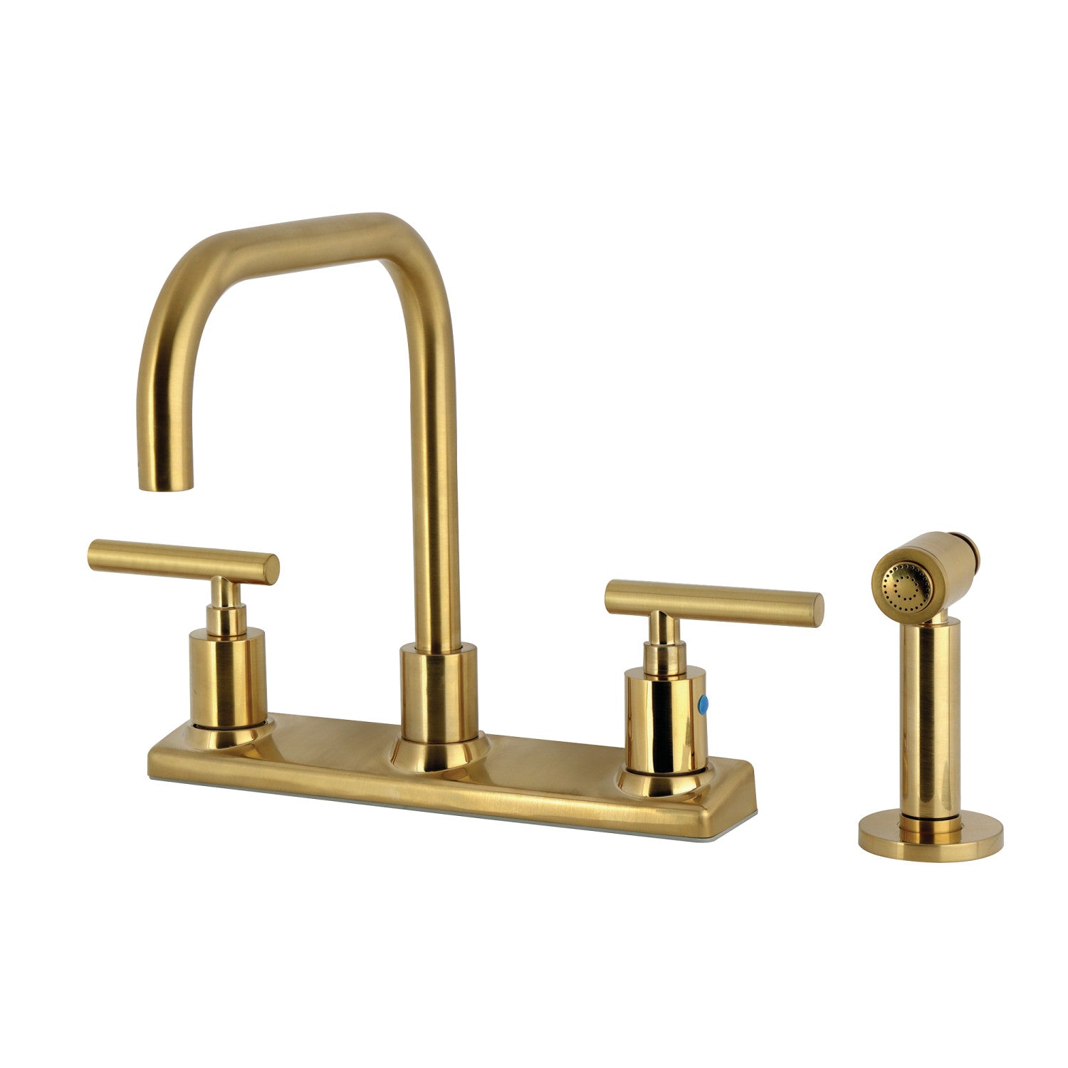 Kingston Sona FB2147CMLBS - Robinet de cuisine central à deux poignées 4 trous 8" avec pulvérisateur en laiton, laiton brossé