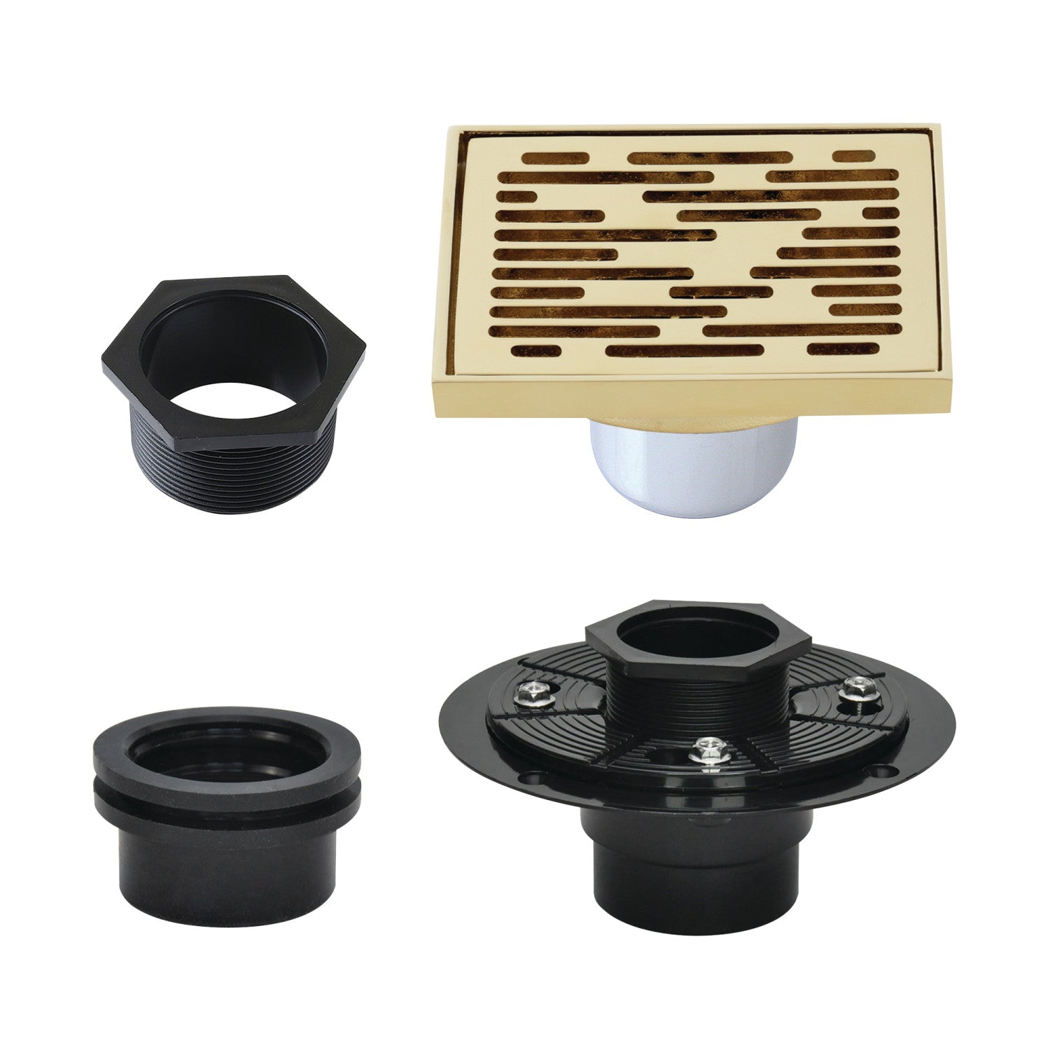 Kingston Watercourse BSFK6310PB 4-Inch Brass Square Grid Shower Drain with Hair Strainer and Base Flange, Polished Brass