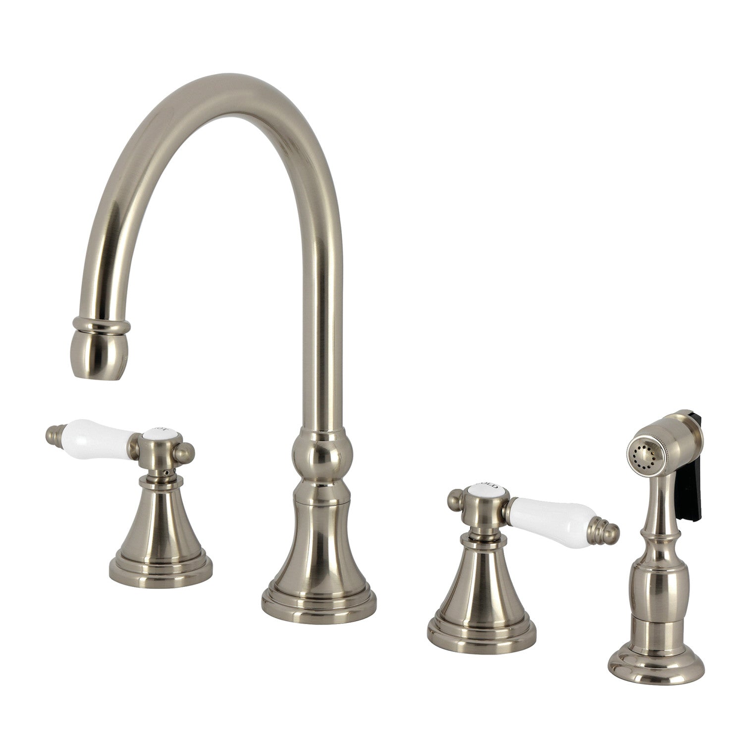 Kingston Tulare KS2798BPLBS - Robinet de cuisine à double poignée Bel-Air 4 trous avec pulvérisateur en laiton, nickel brossé