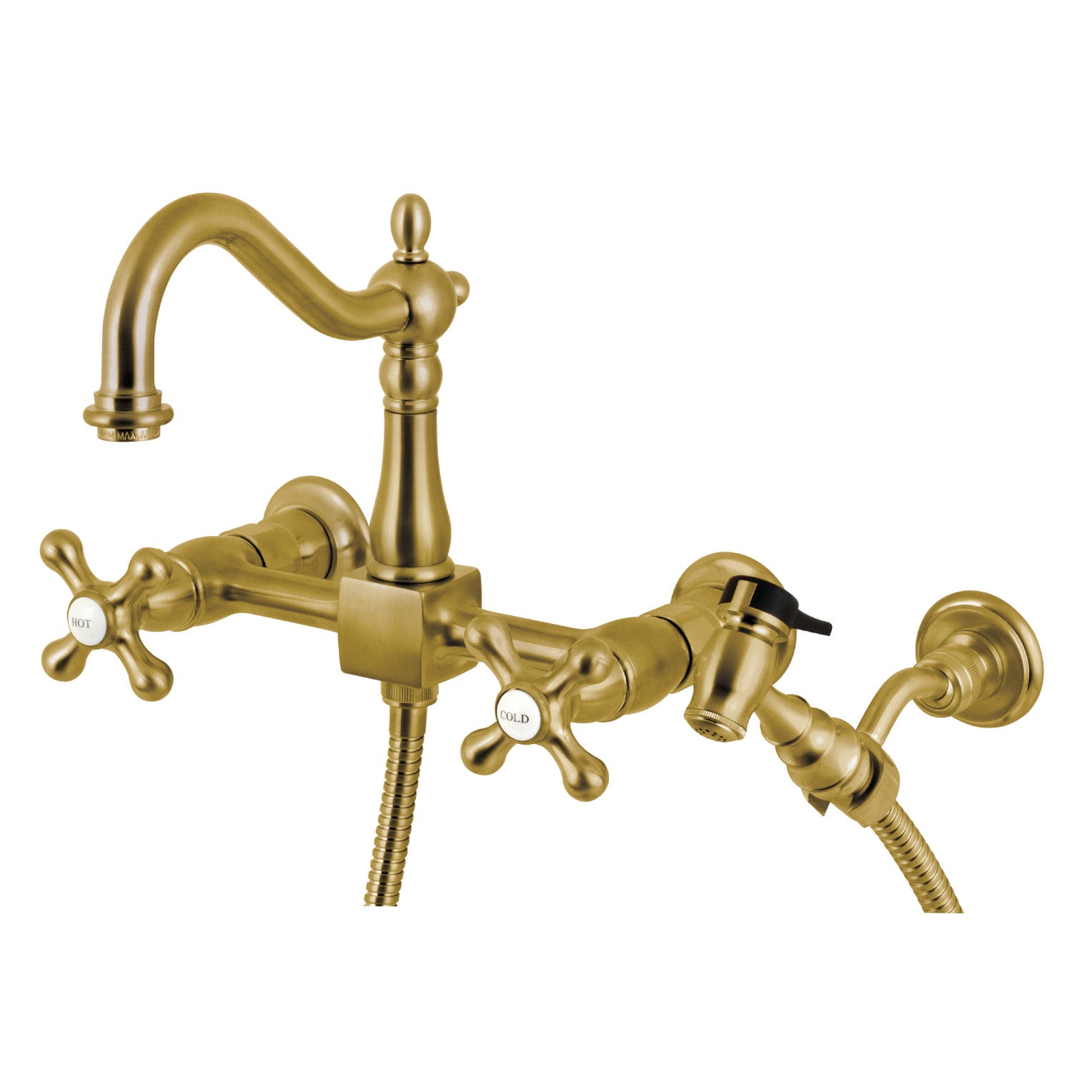 Kingston Heirloom KS1267AXBS - Robinet de cuisine à deux poignées Heritage 3 trous Wall Mount Bridge avec pulvérisateur en laiton, laiton brossé