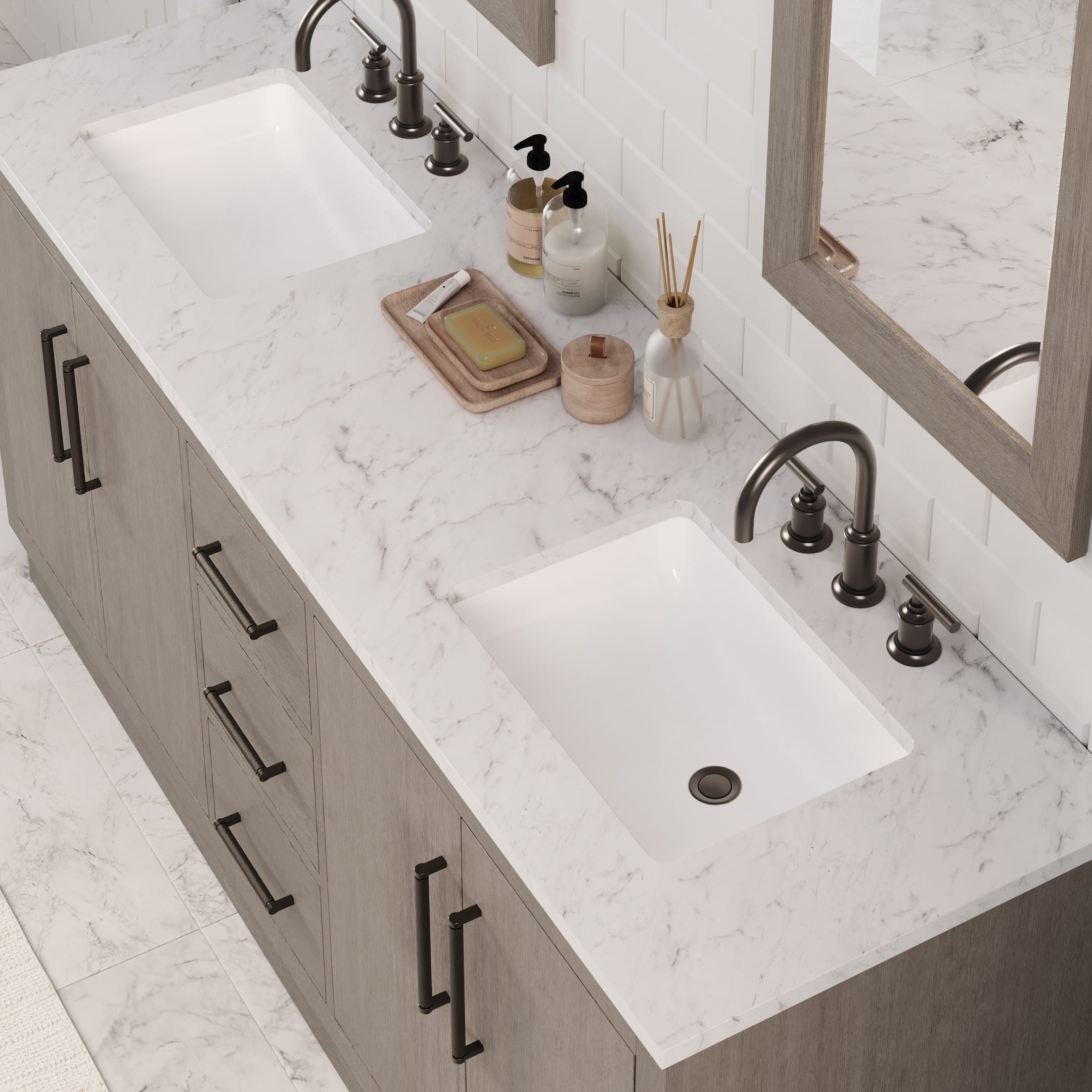 Kingston Luxe HU72CW03GK - 72 in. x 22 in. Bathroom Vanity Marble Top and White Basin, Grey Oak