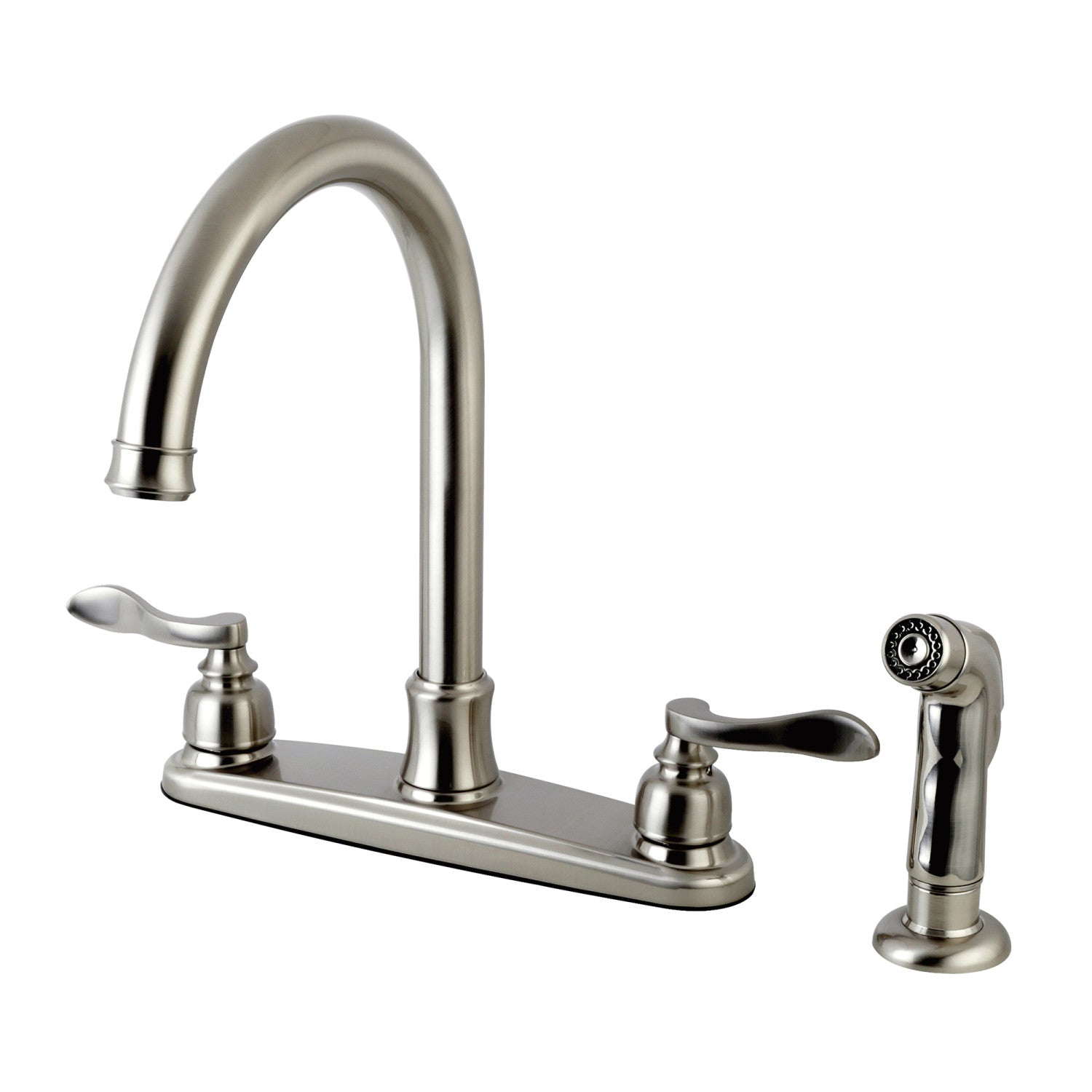 Kingston Tulare FB7798NFLSP - NuWave Robinet de cuisine à deux poignées français 4 trous 8" avec pulvérisateur latéral, nickel brossé