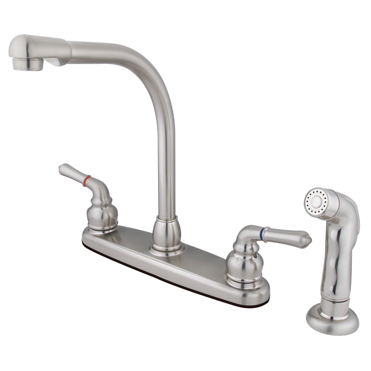 Kingston Tulare FB758SP - Americana Robinet de cuisine à deux poignées 4 trous 8" avec pulvérisateur latéral, nickel brossé