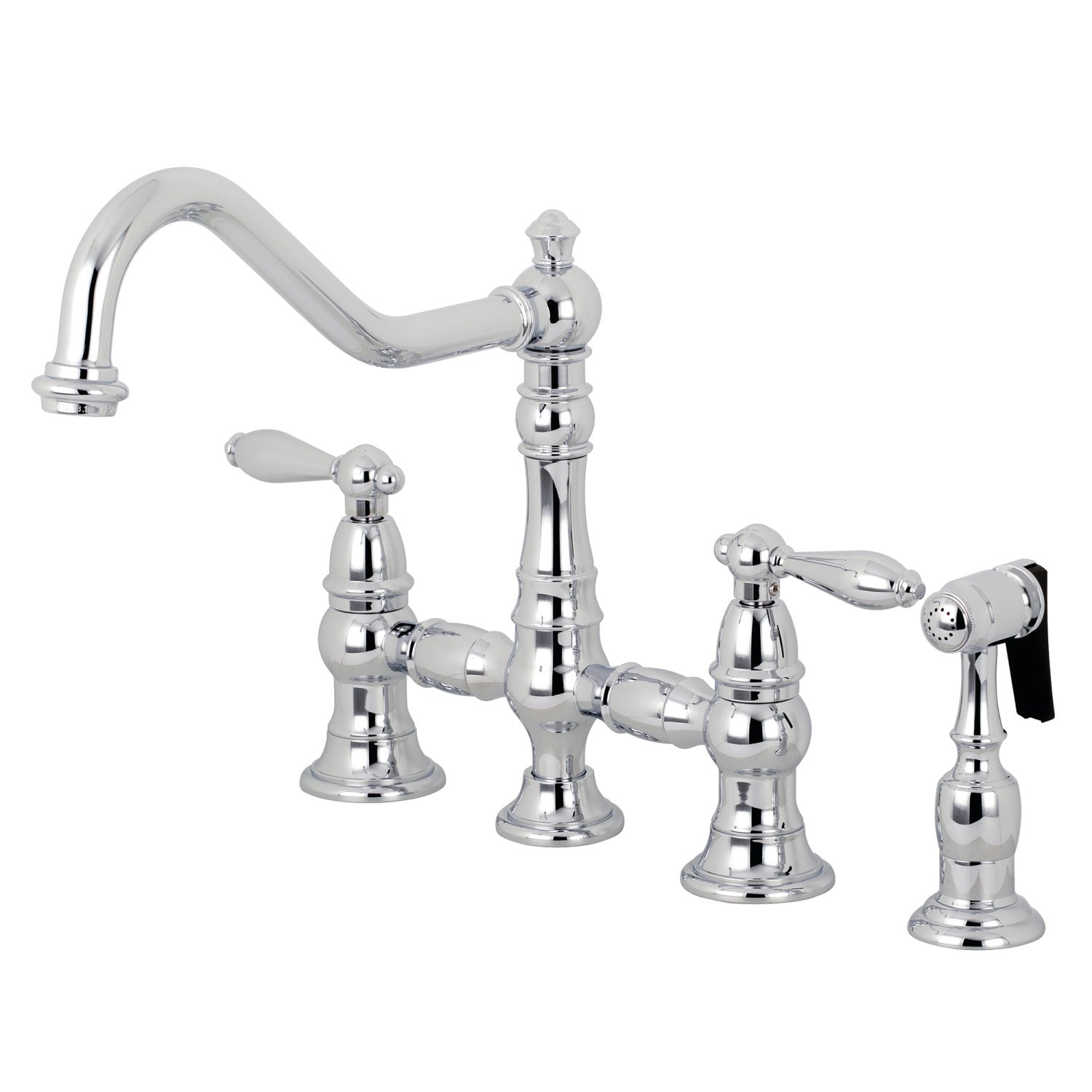 Kingston Heirloom KS3271ALBS - Robinet de cuisine à deux poignées de restauration 4 trous montage sur plage Bridge avec pulvérisateur en laiton, chrome poli