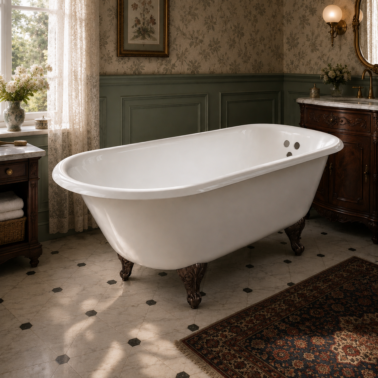 Kingston Heirloom VCT3D603019NT5 - Aqua Eden 60-Inch Cast Iron Oval Rectangular Roll Top Clawfoot Tub (3-3/8-Inch Wall Drillings), blanc/huile