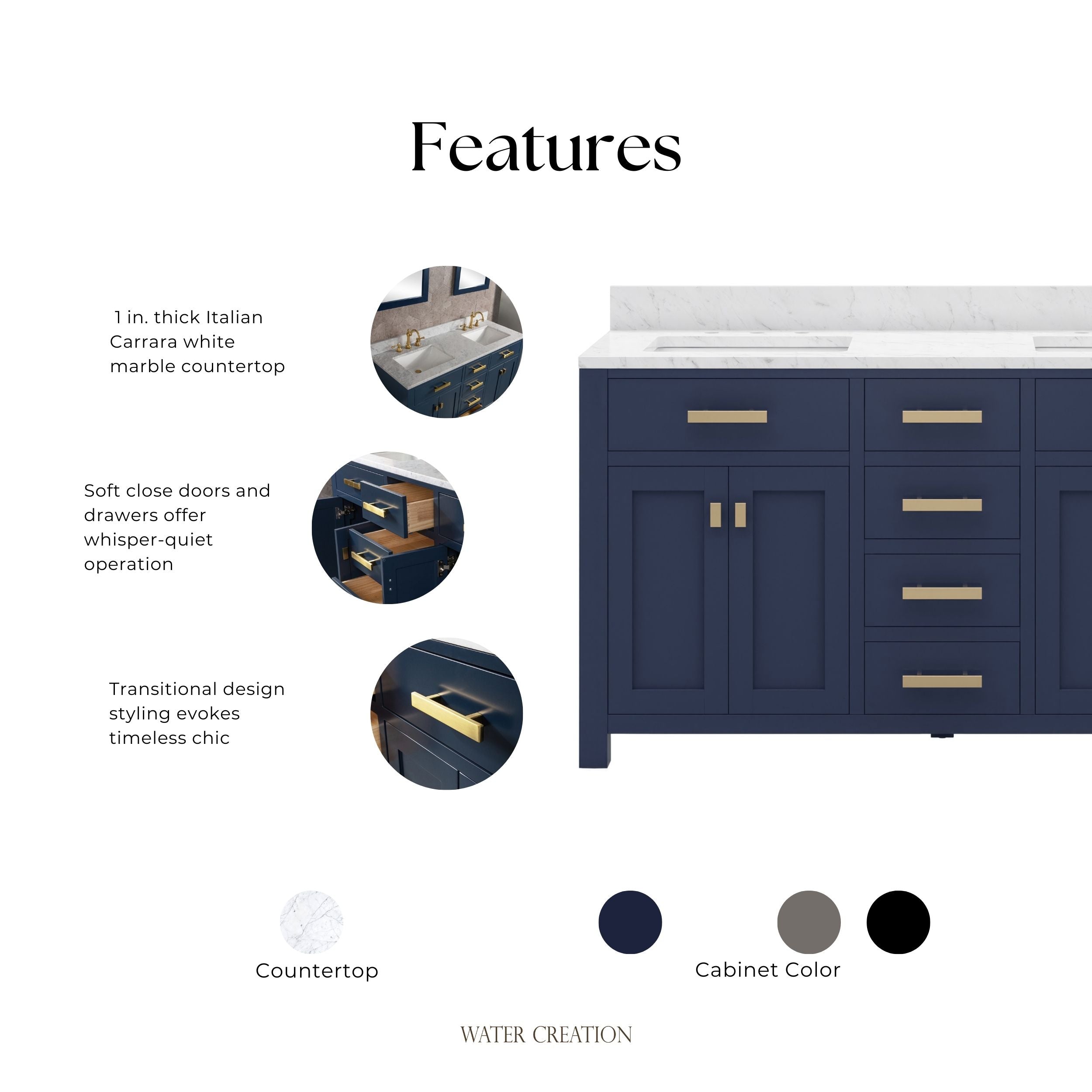 Kingston Luxe MS60CW06MB - 60 in. x 21.5 in. Bathroom Vanity Marble Top in Carrara White and White Basin, Monarch Blue